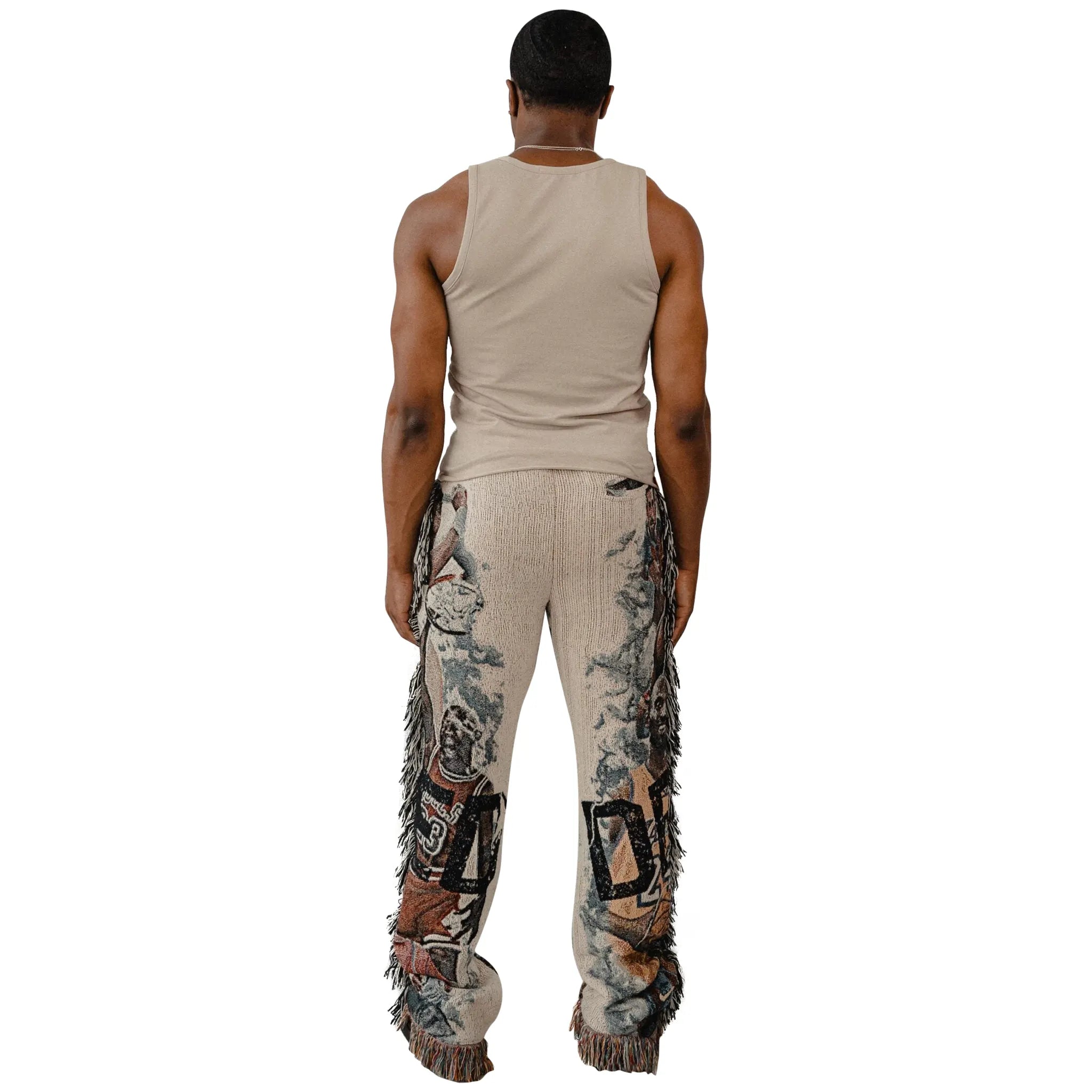 Model back view of Dedictd G.O.A.T Tapestry Pants