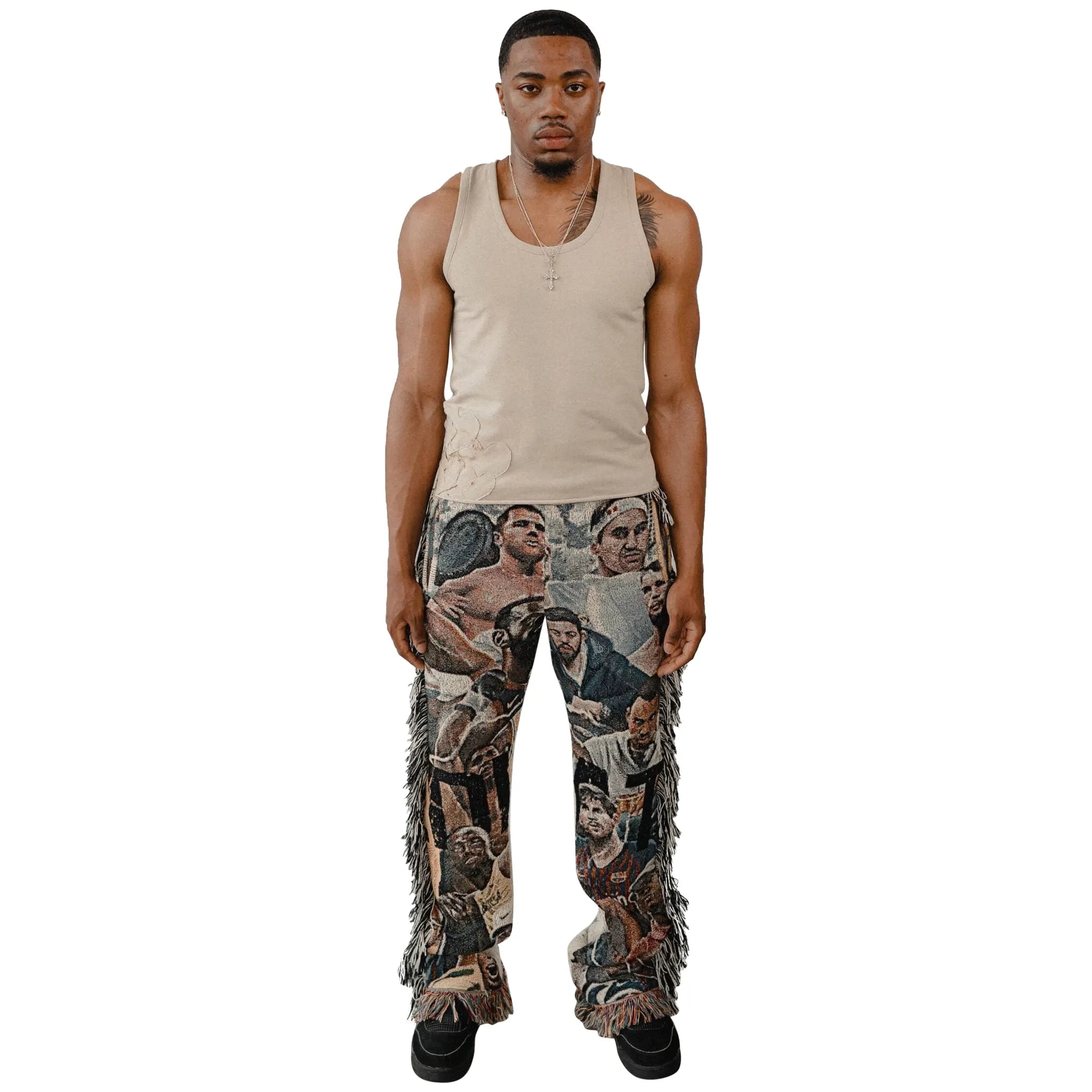 Model front view of Dedictd G.O.A.T Tapestry Pants
