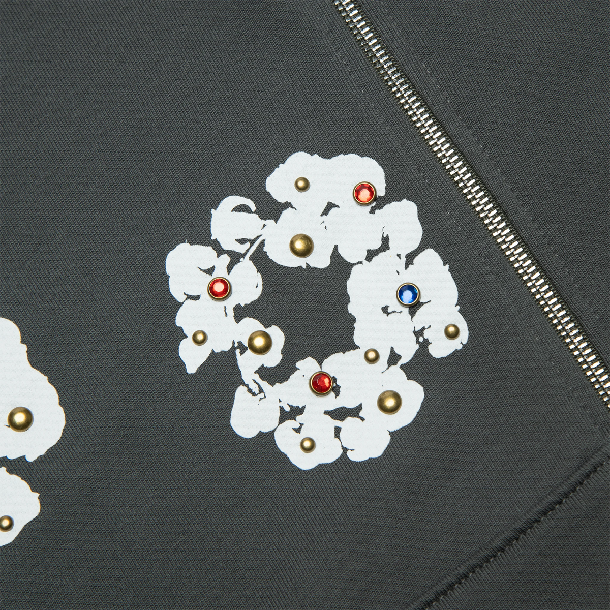 Denim Tears Rhinestone The Cotton Wreath Vintage Black Zip-Up Hoodie Denim Tears Rhinestone The Cotton Wreath Vintage Black Zip-Up Hoodie
