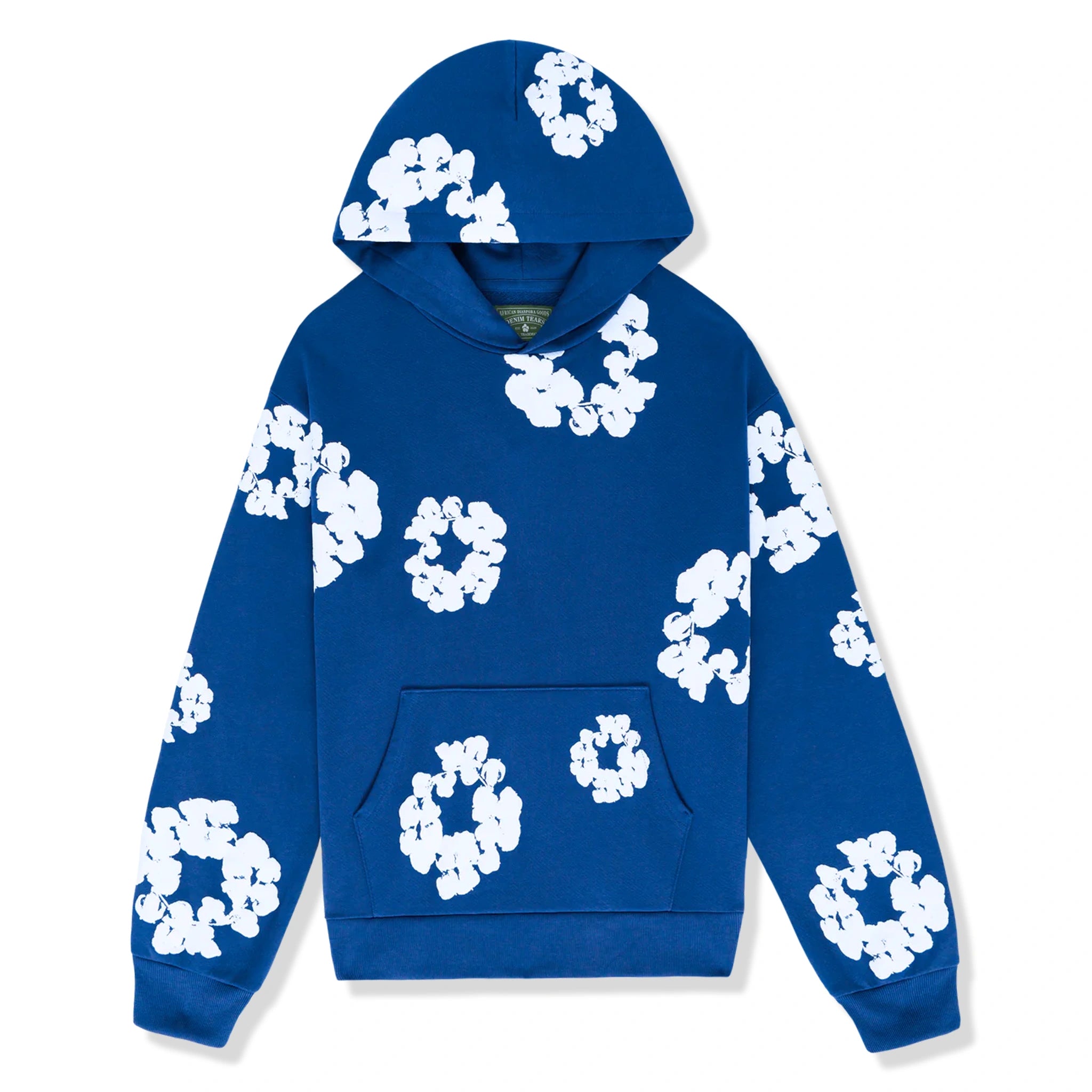 Front view of Denim Tears The Cotton Wreath Royal Blue Hoodie