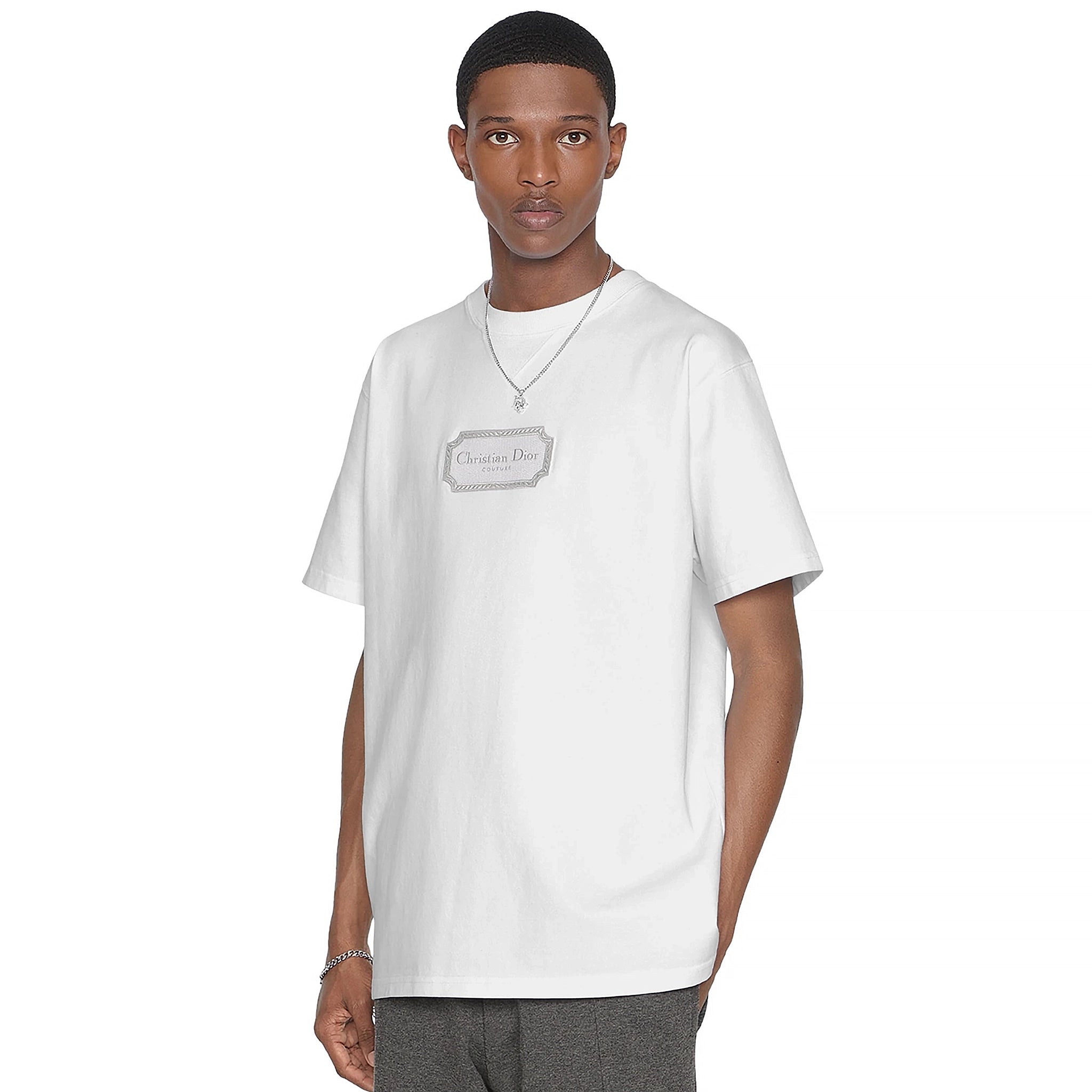 Model side view of Dior 'Christian Dior Couture' Relaxed Fit White T Shirt 343J696C0554_C088