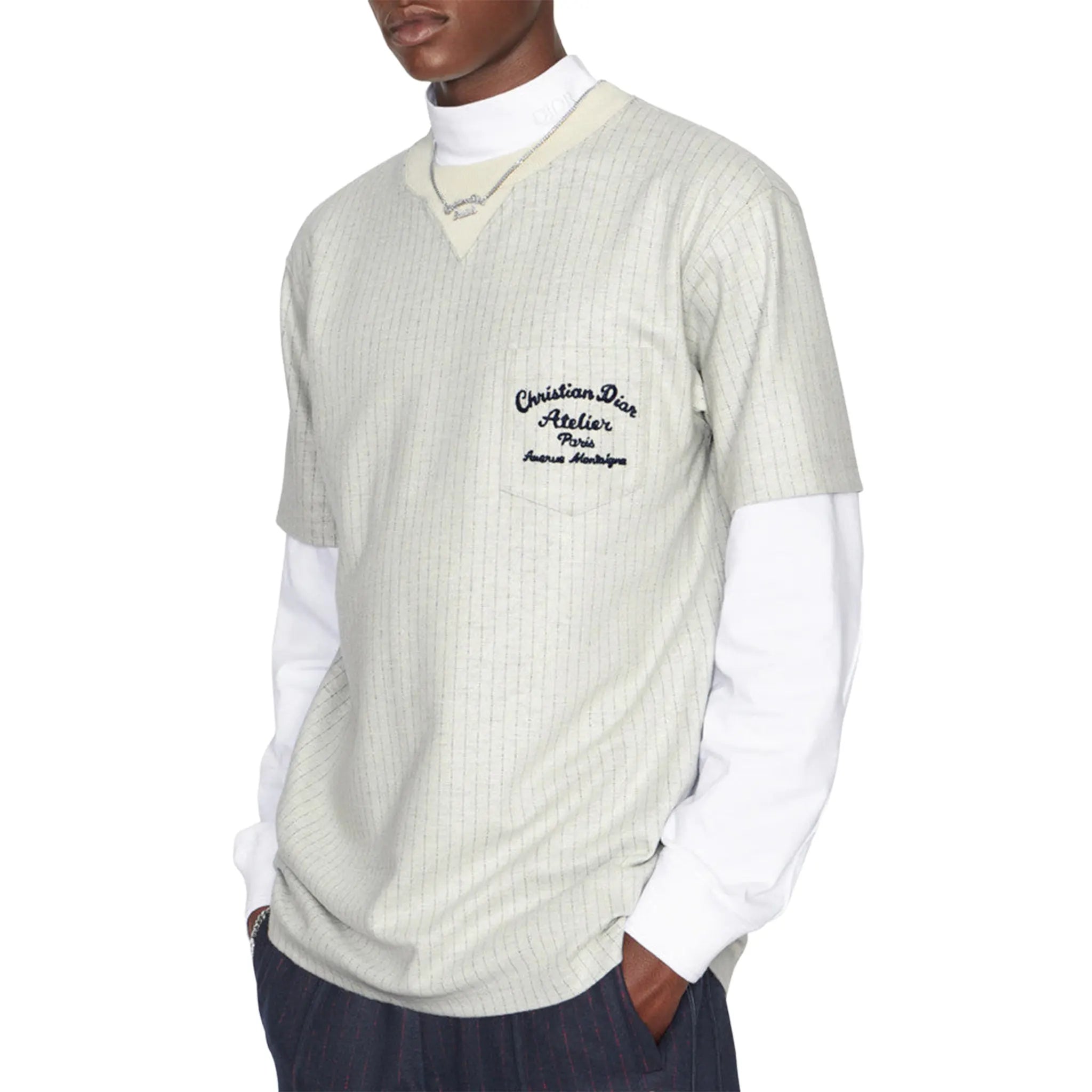Front View of Dior Atelier Striped Chest Logo Grey T Shirt 213J637A0739_C075