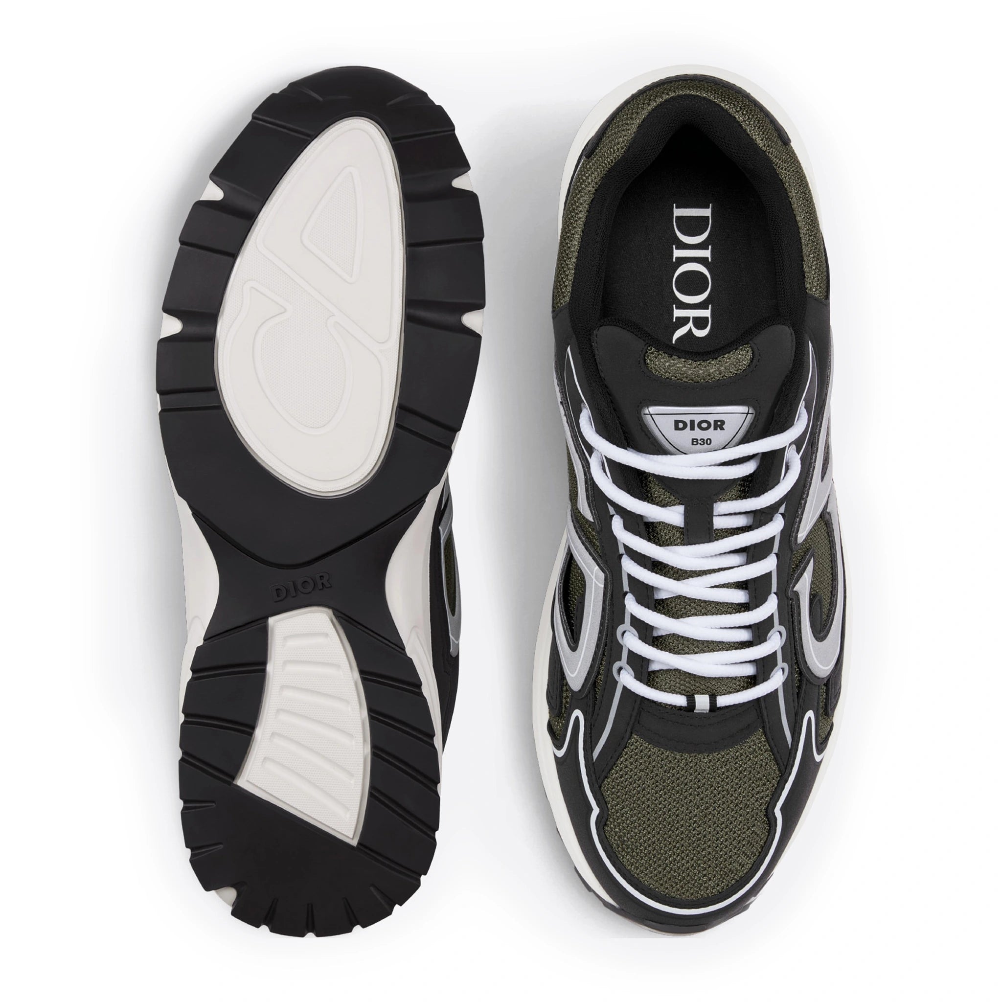 Top view of Dior B30 Mesh Deep Green Black Trainer 3SN279ZRD_H664
