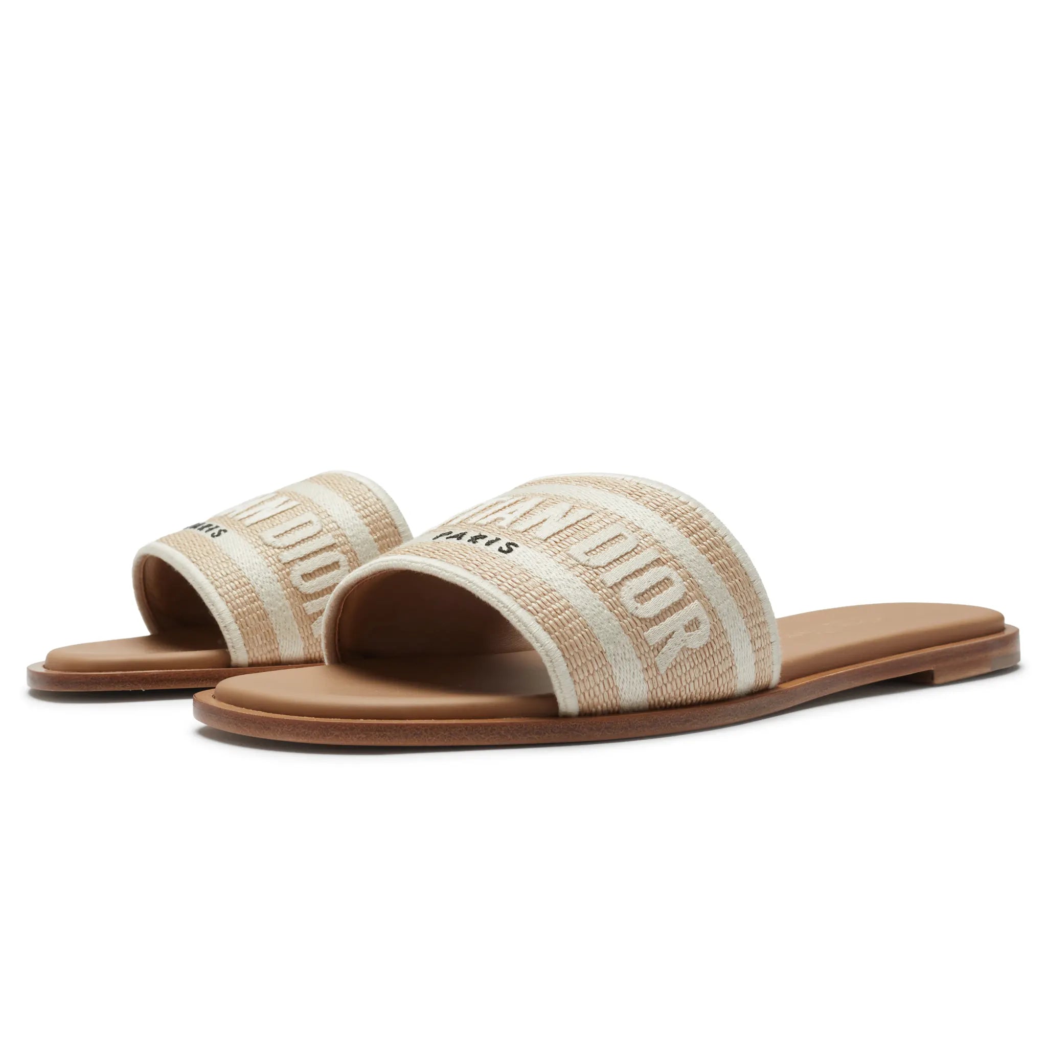 Front Side View of Dior Dway Embroidered Cotton Beige Slides