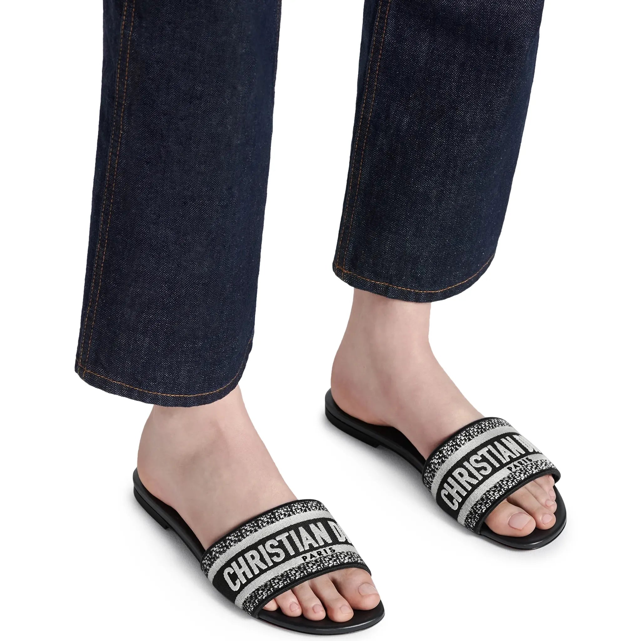 Front Side View of Dior Dway Embroidered Cotton Black White Slides KCQ166ERC_S11X