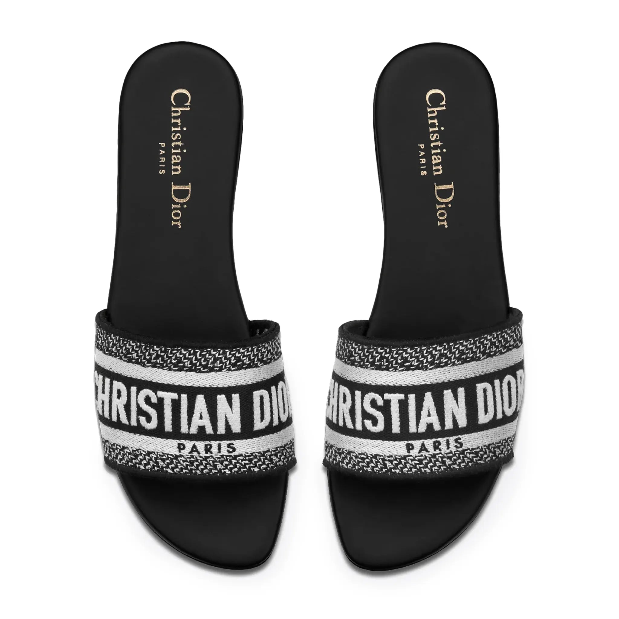 Upper View of Dior Dway Embroidered Cotton Black White Slides KCQ166ERC_S11X