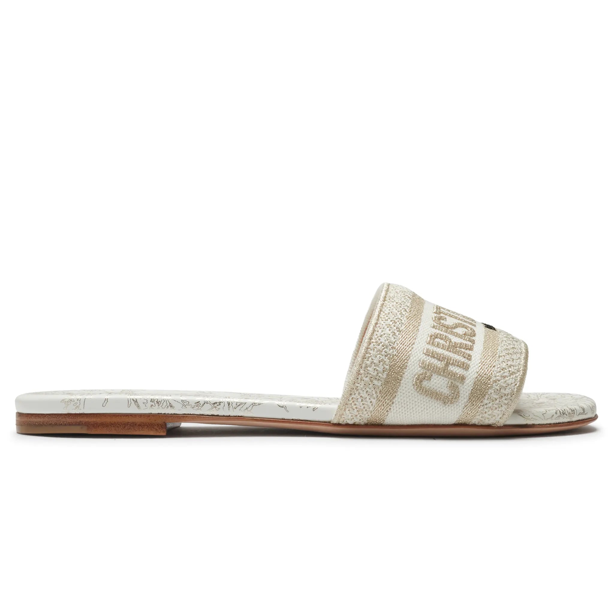 Side View of Dior Dway Embroidered Cotton Gold White Slides