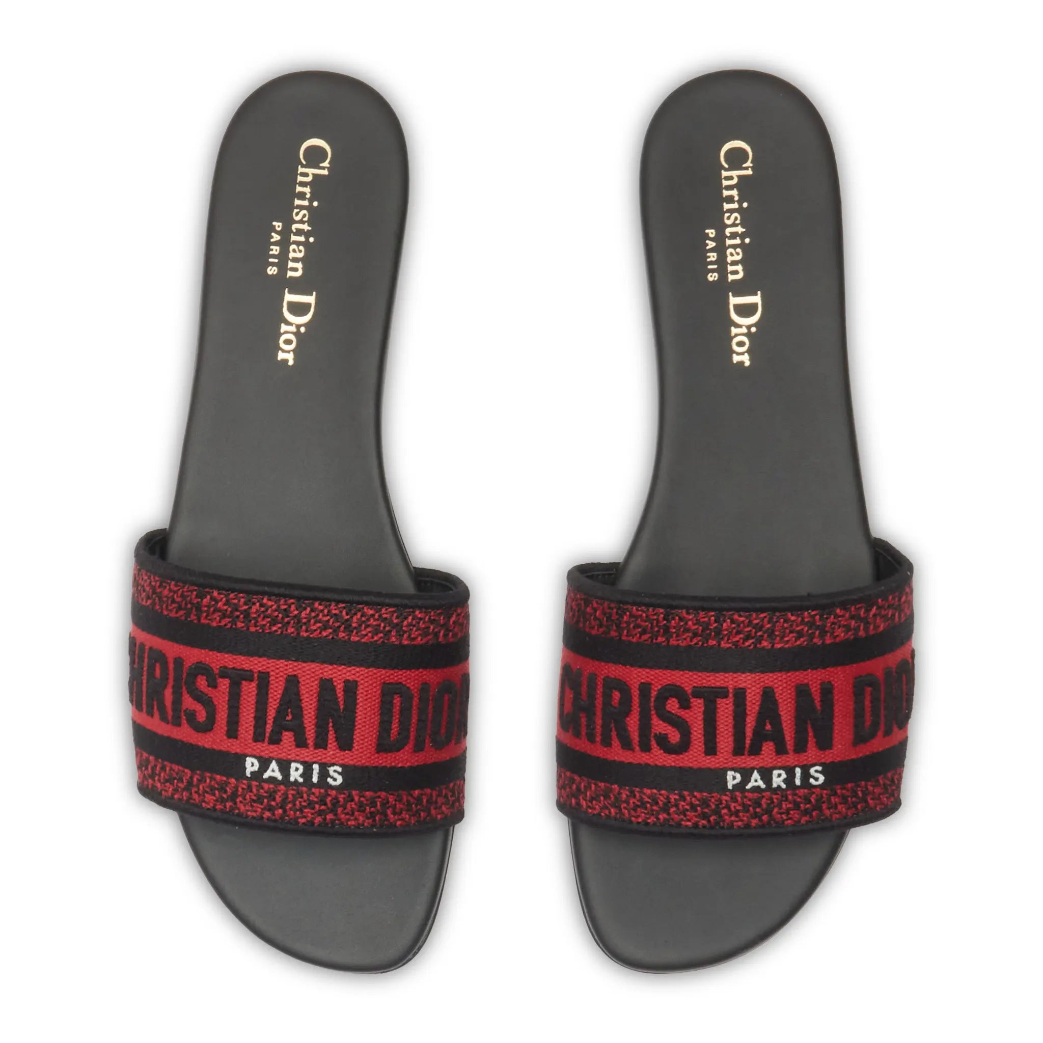 Upper View of Dior Dway Embroidered Cotton Red Black Slides