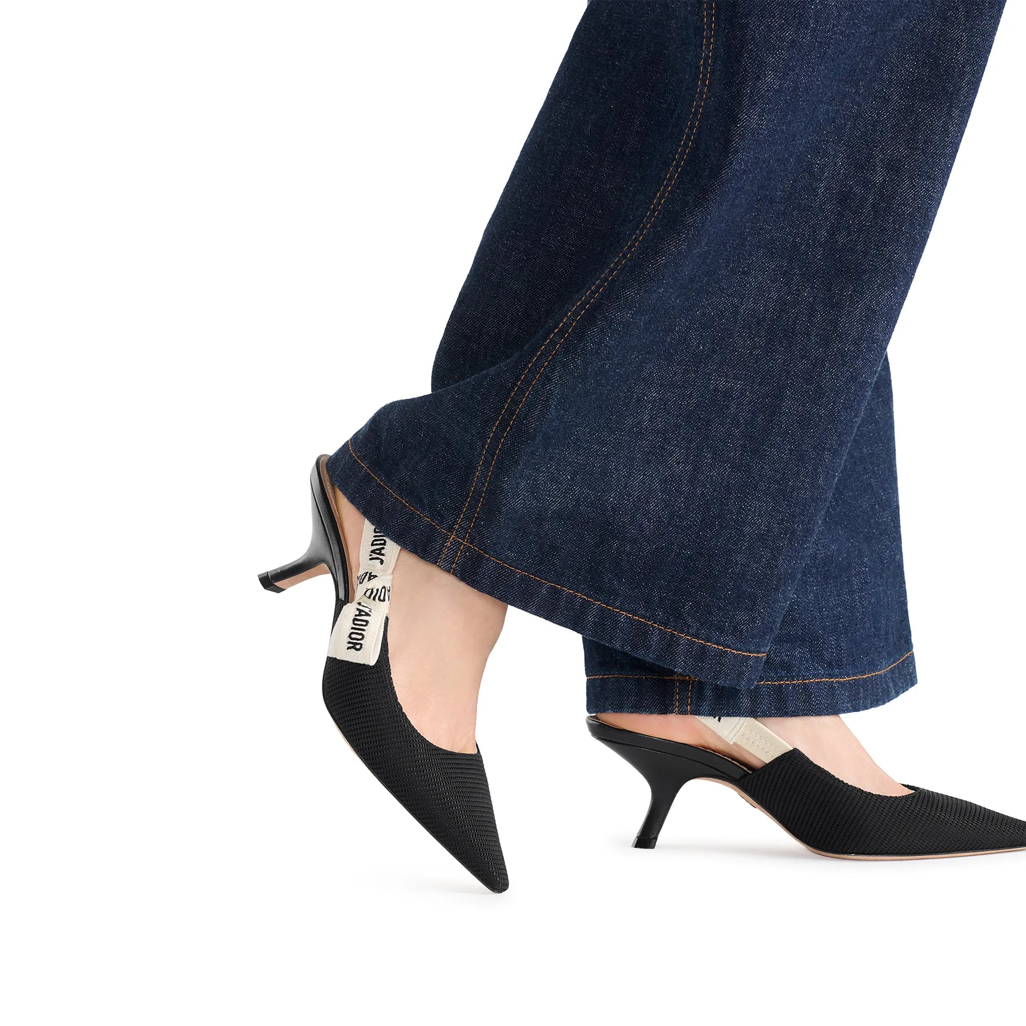 Model Side View of Dior J'Adior Technical Fabric Black Slingback Pump KCC200TFL_S900