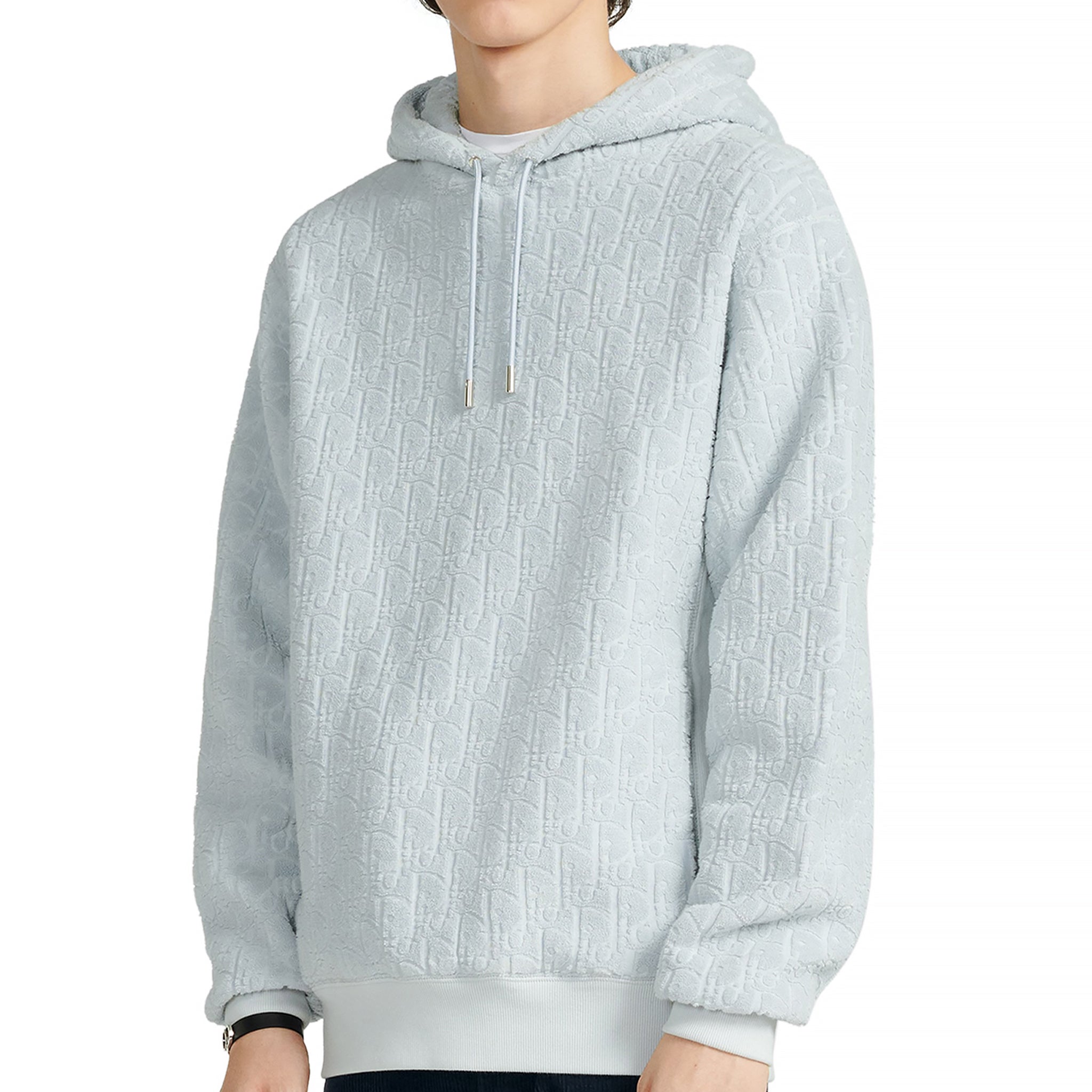 Model view of Dior Oblique Towelling Terry Cotton Relaxed Fit Blue Hoodie 113J631A0684_C585