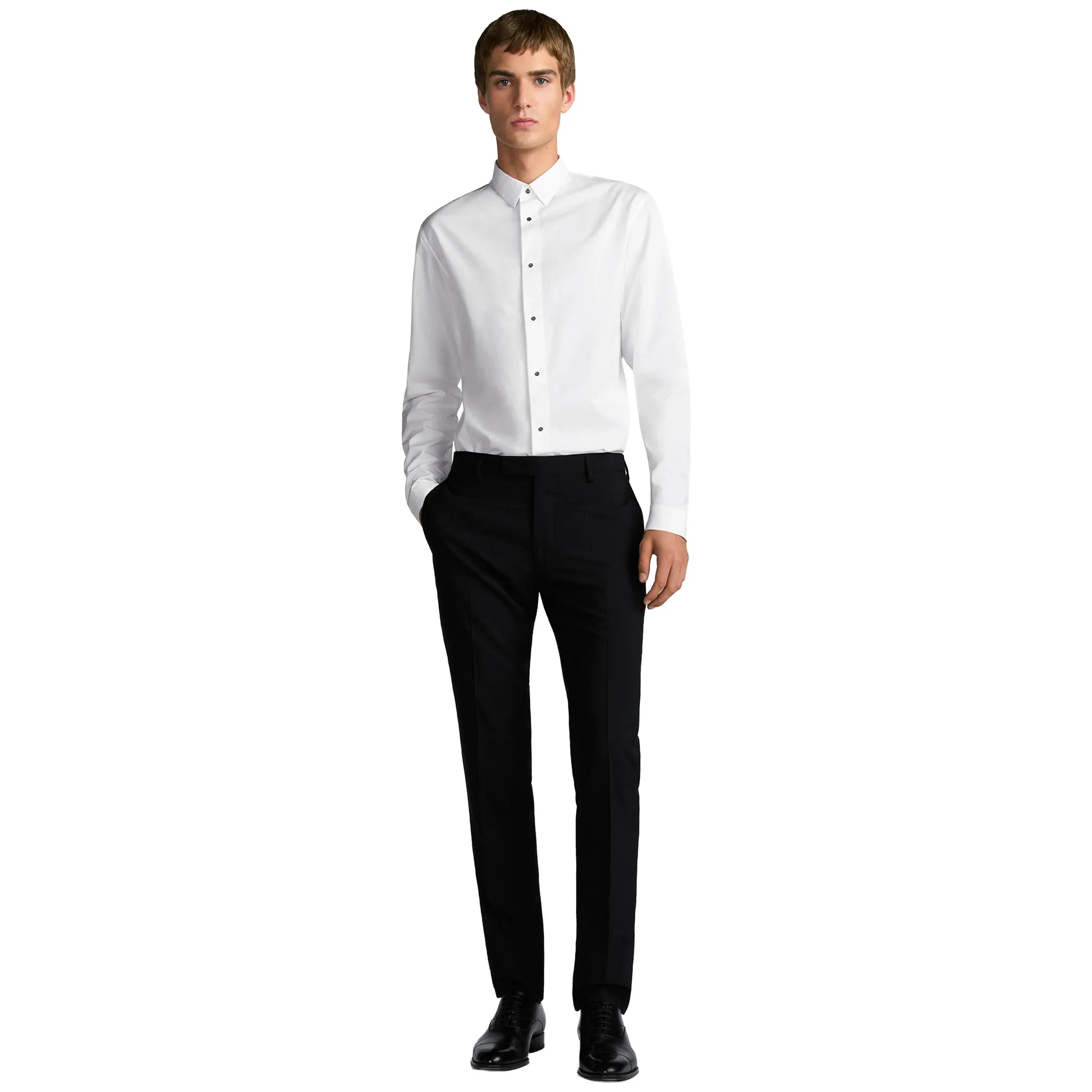 Model View of Dior Snaps Poplin Cotton White Shirt 433C561A1581_C000