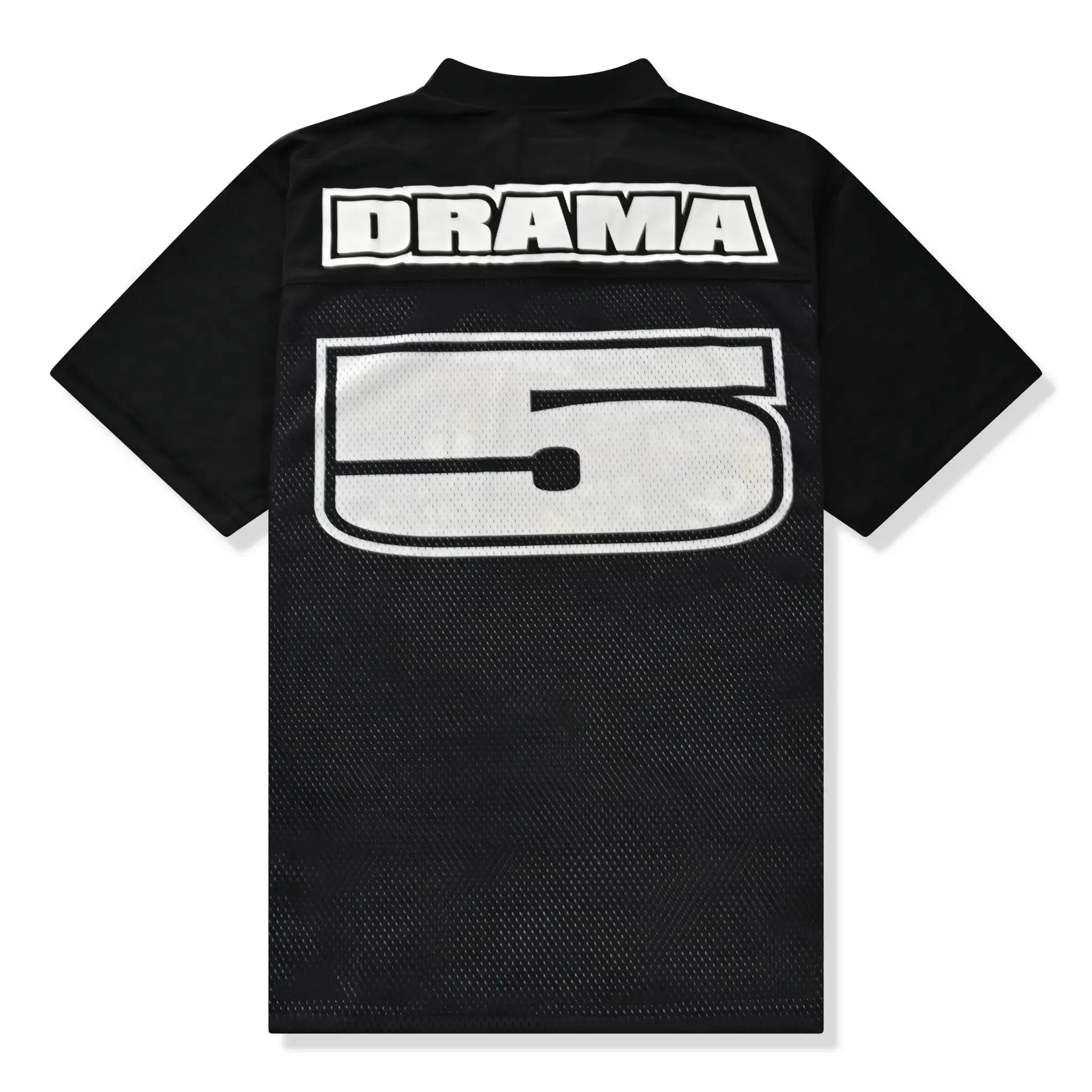 Back view of Drama Call Black Football Jersey
