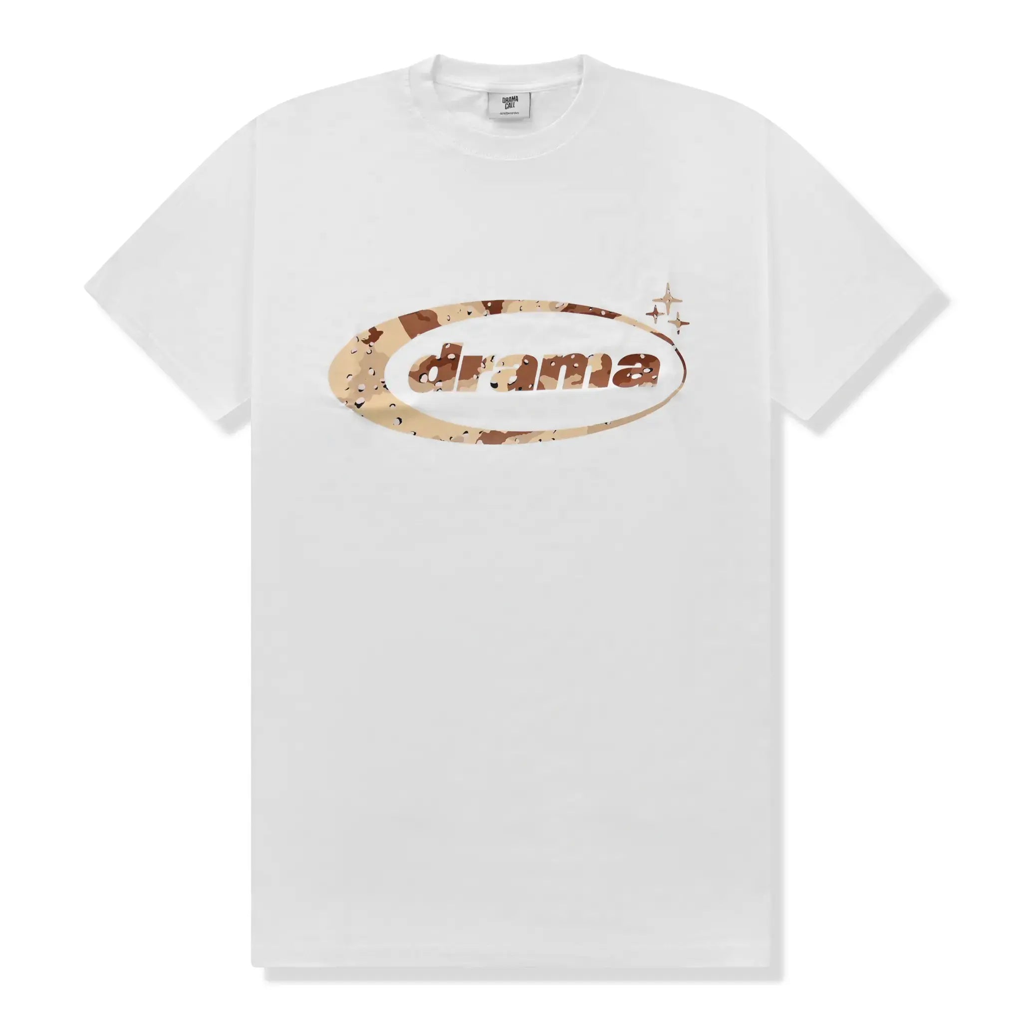 Front view of Drama Call Desert Camo Oval White T Shirt
