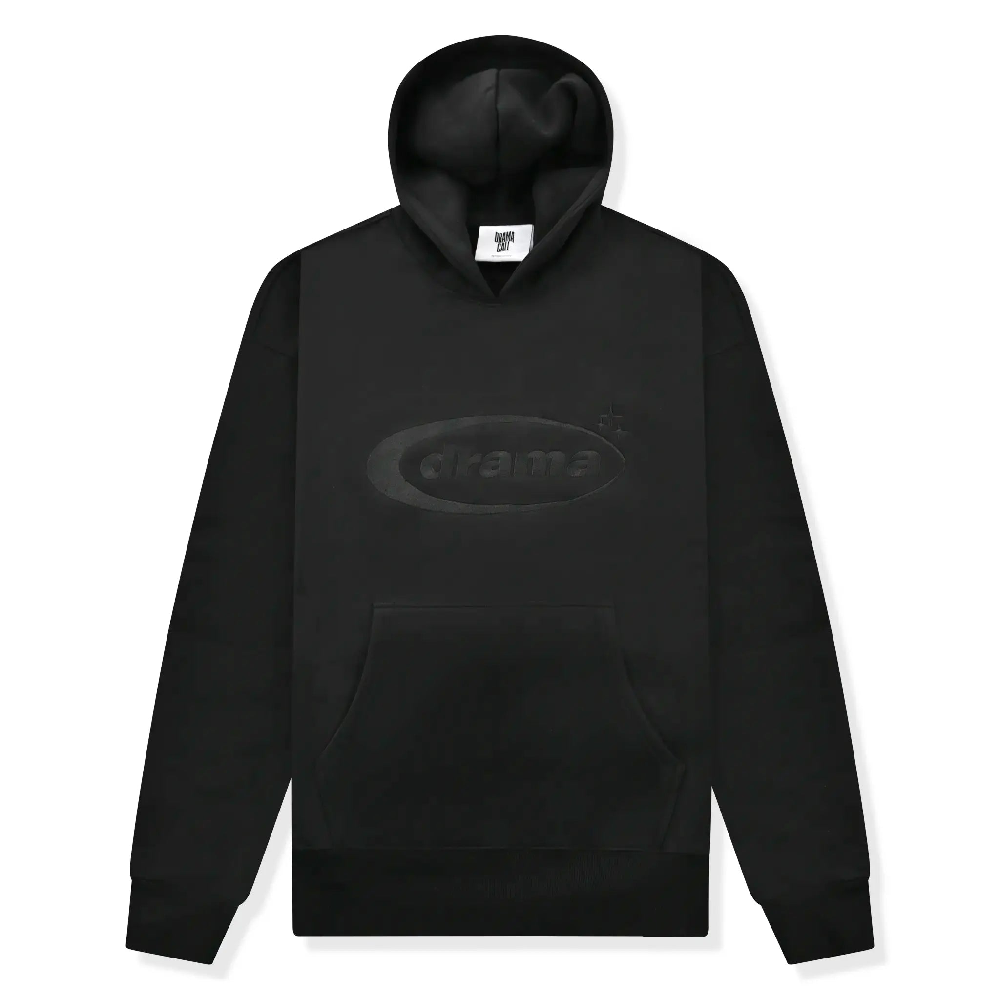 Front view of Drama Call Oval Black Hoodie
