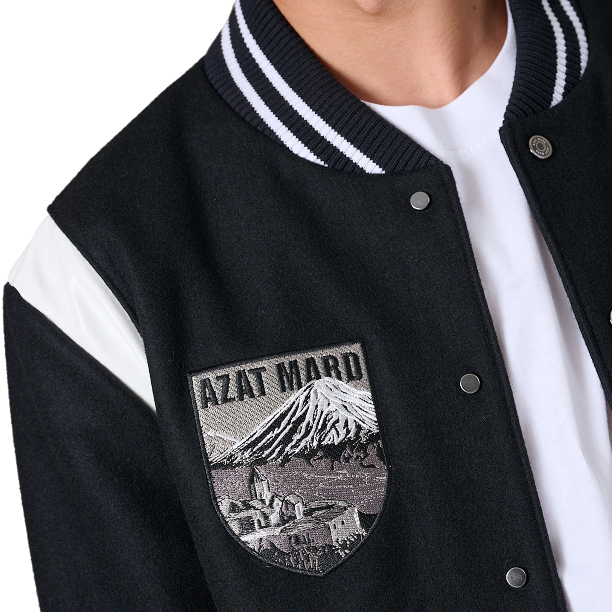 Model chest view of Azat Mard Black Varsity Jacket