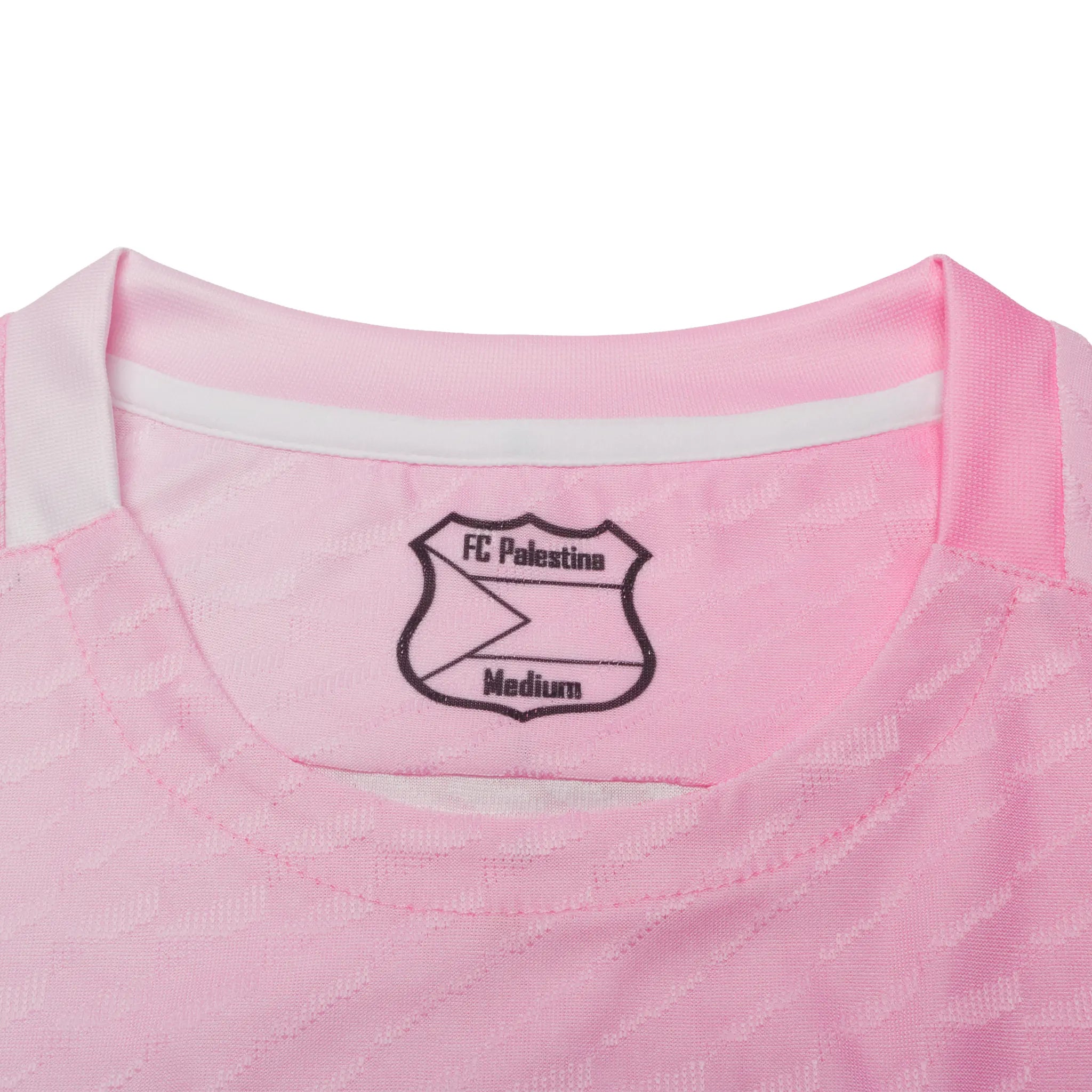 Detailed Neck View of FC Palestina x Farrah Azam Pink Haze T-Shirt