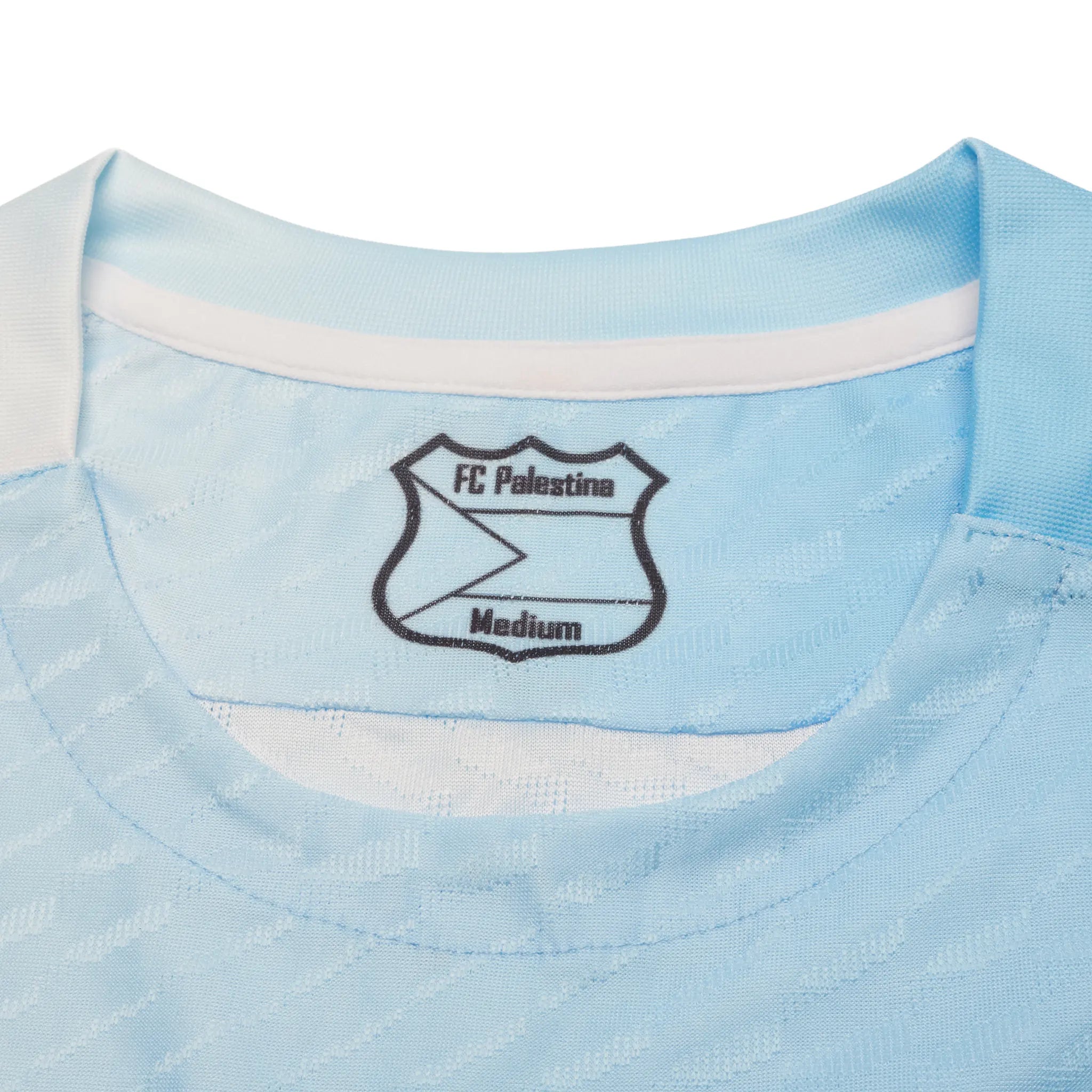 Detailed Front View of FC Palestina x Farrah Azam Sky Blue T-Shirt