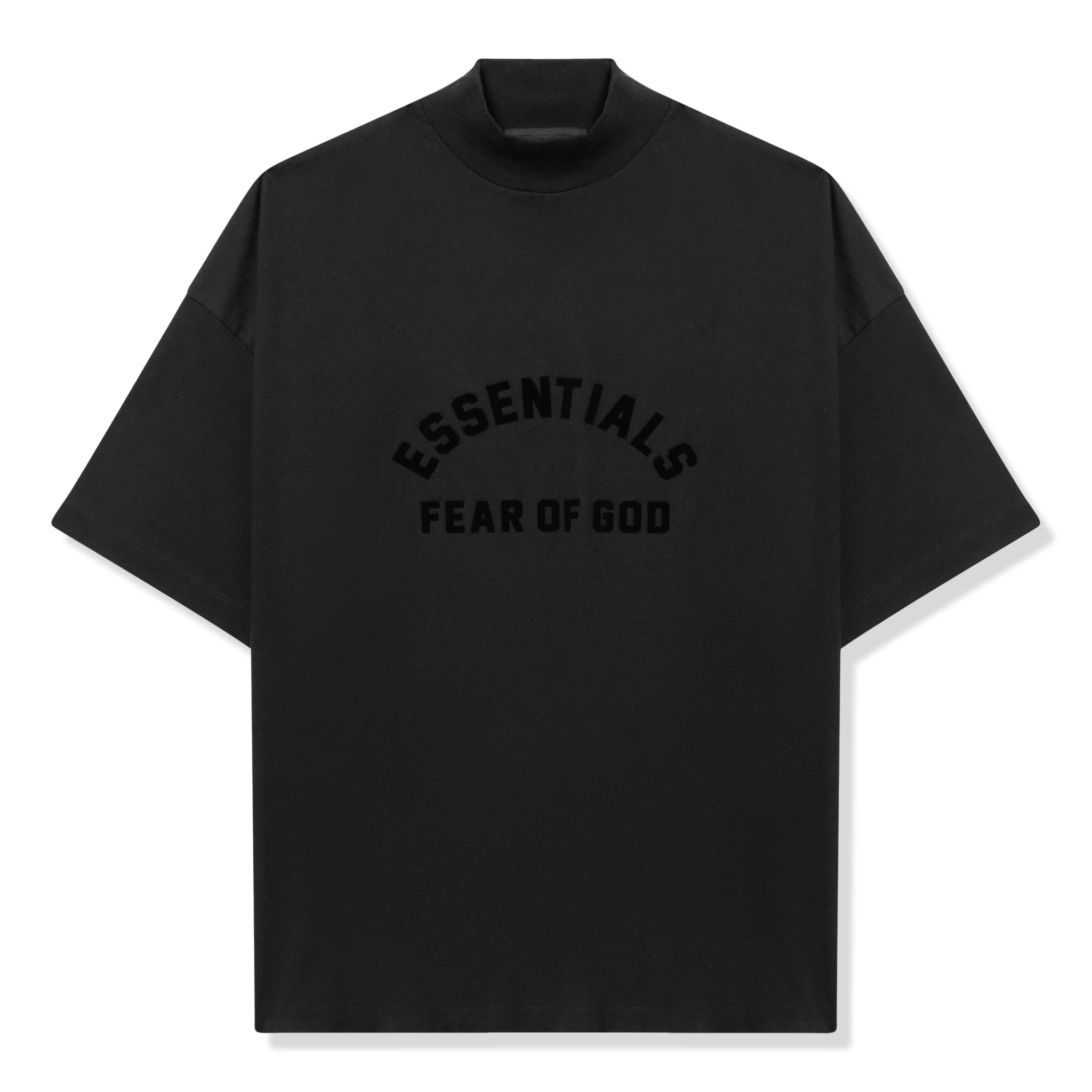 Front view of Fear of God Essentials Arch Logo Jet Black T Shirt (SS23) 125SP232000F