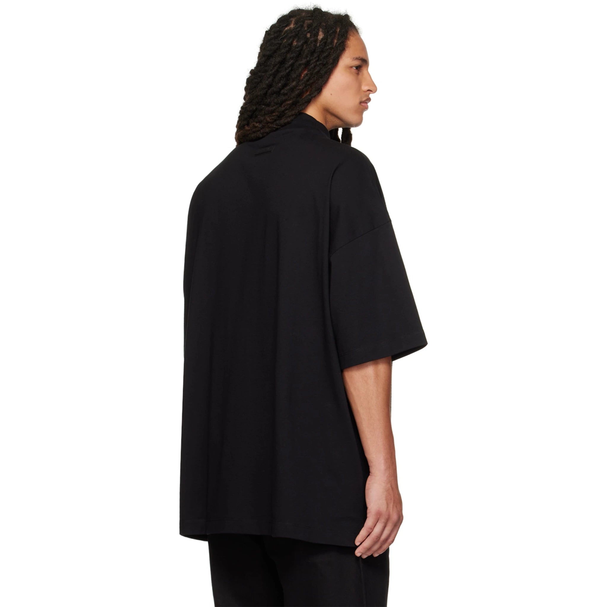 Model back view of Fear of God Essentials Arch Logo Jet Black T Shirt (SS23) 125SP232000F