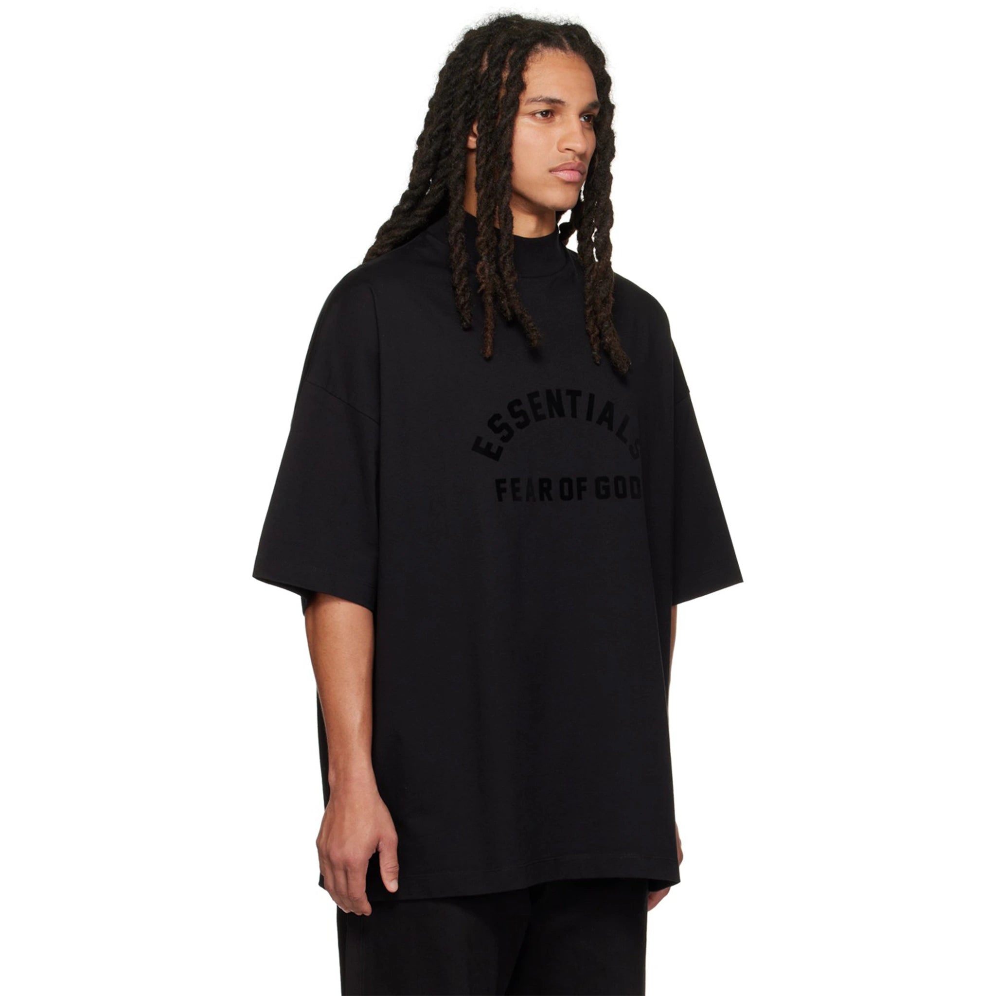 Model front side view of Fear of God Essentials Arch Logo Jet Black T Shirt (SS23) 125SP232000F