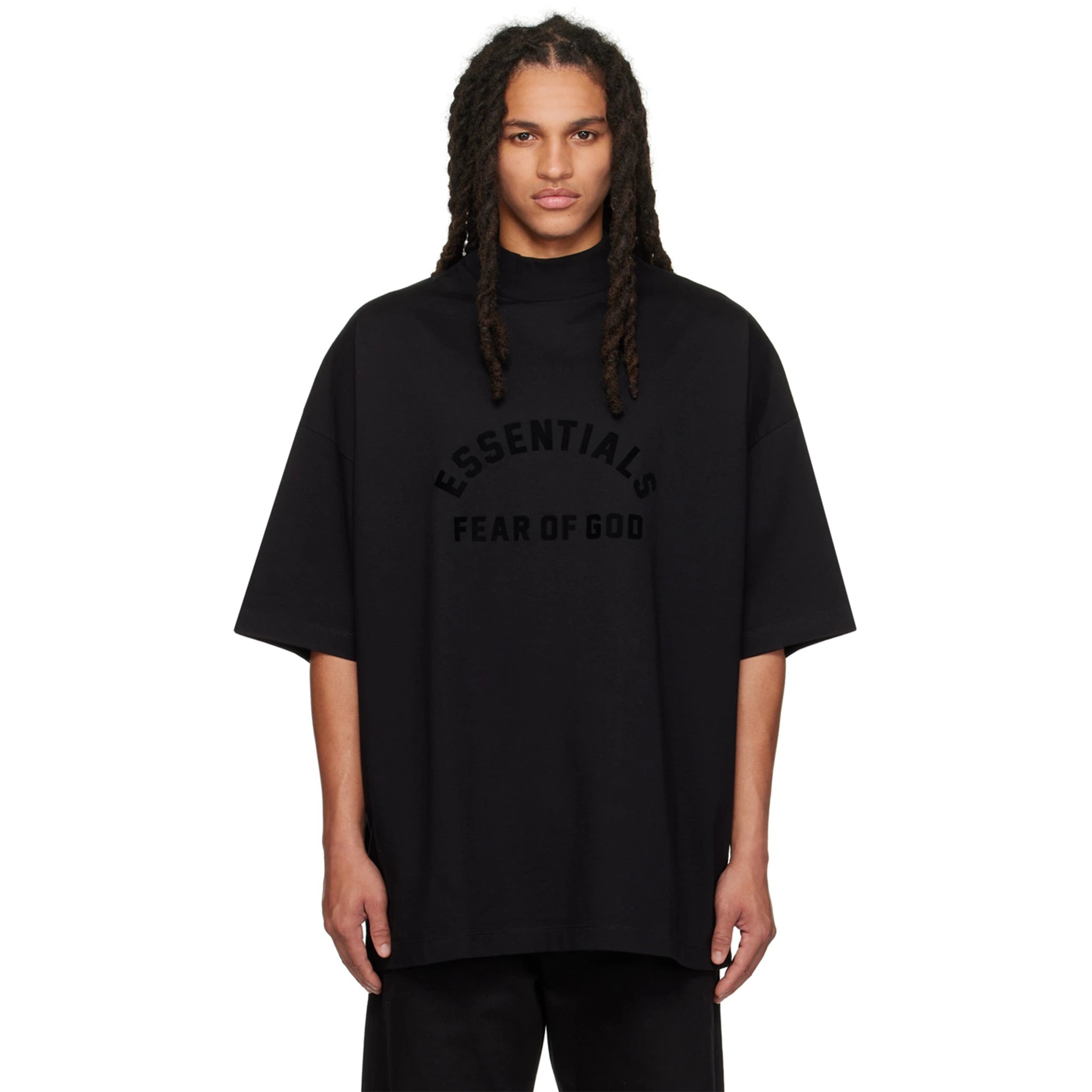 Model front view of Fear of God Essentials Arch Logo Jet Black T Shirt (SS23) 125SP232000F