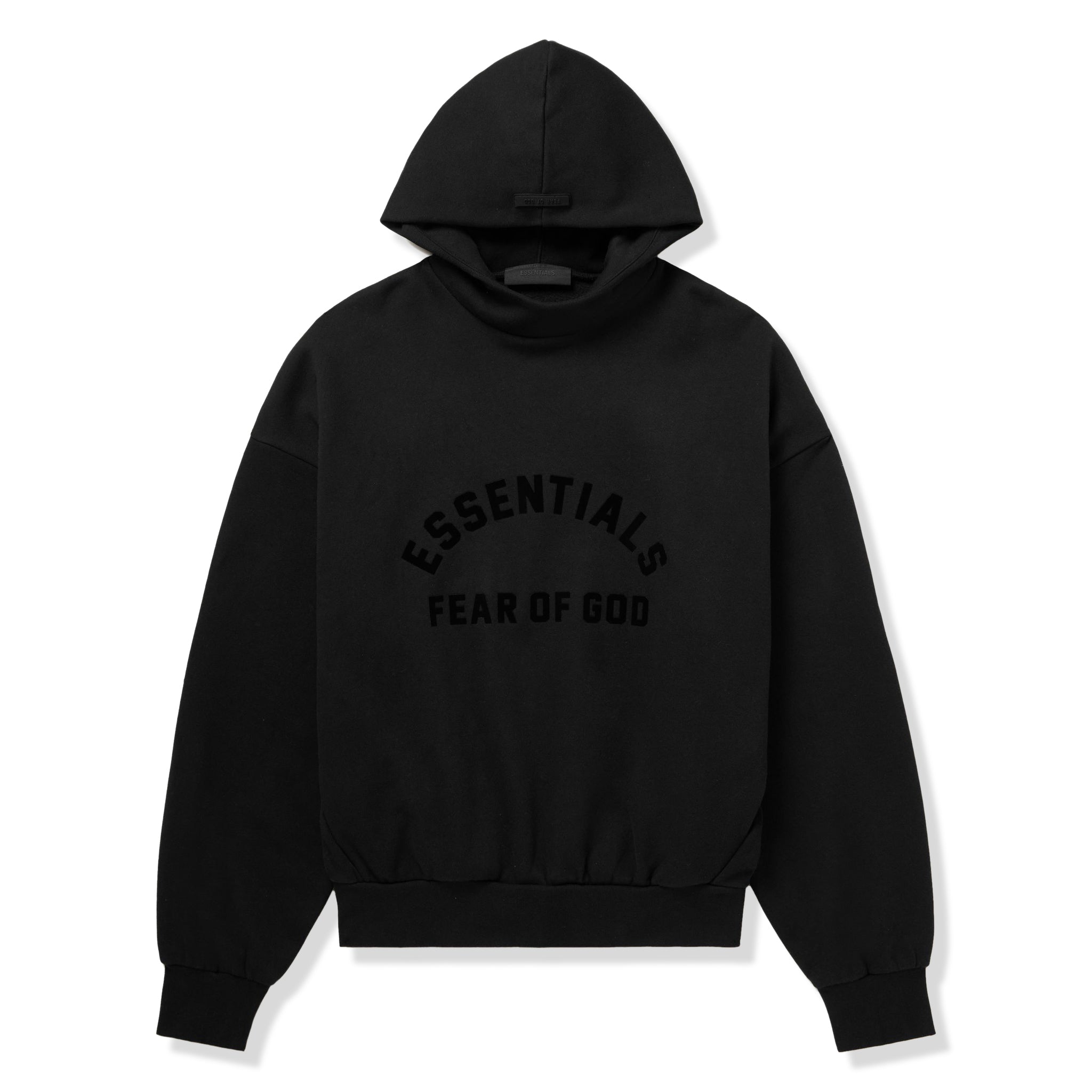 Front view of Fear Of God Essentials Black Hoodie (SS23) 