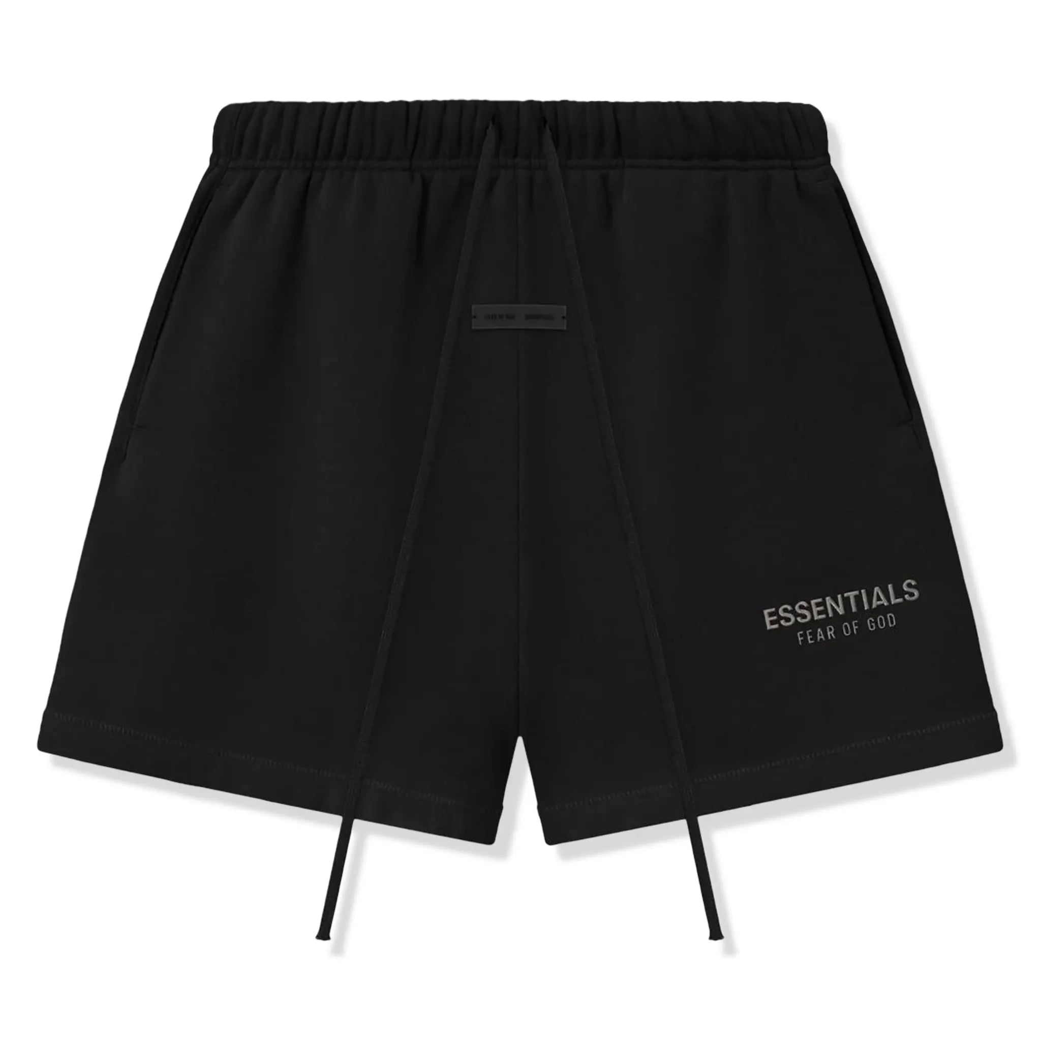 Front View of Fear Of God Essentials Classic Fleece Black Shorts (FW25)