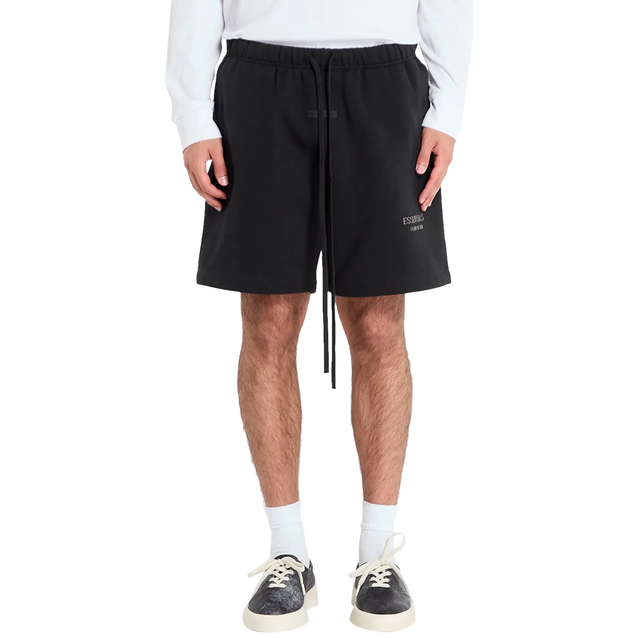 Front View of Fear Of God Essentials Classic Fleece Black Shorts (FW25)