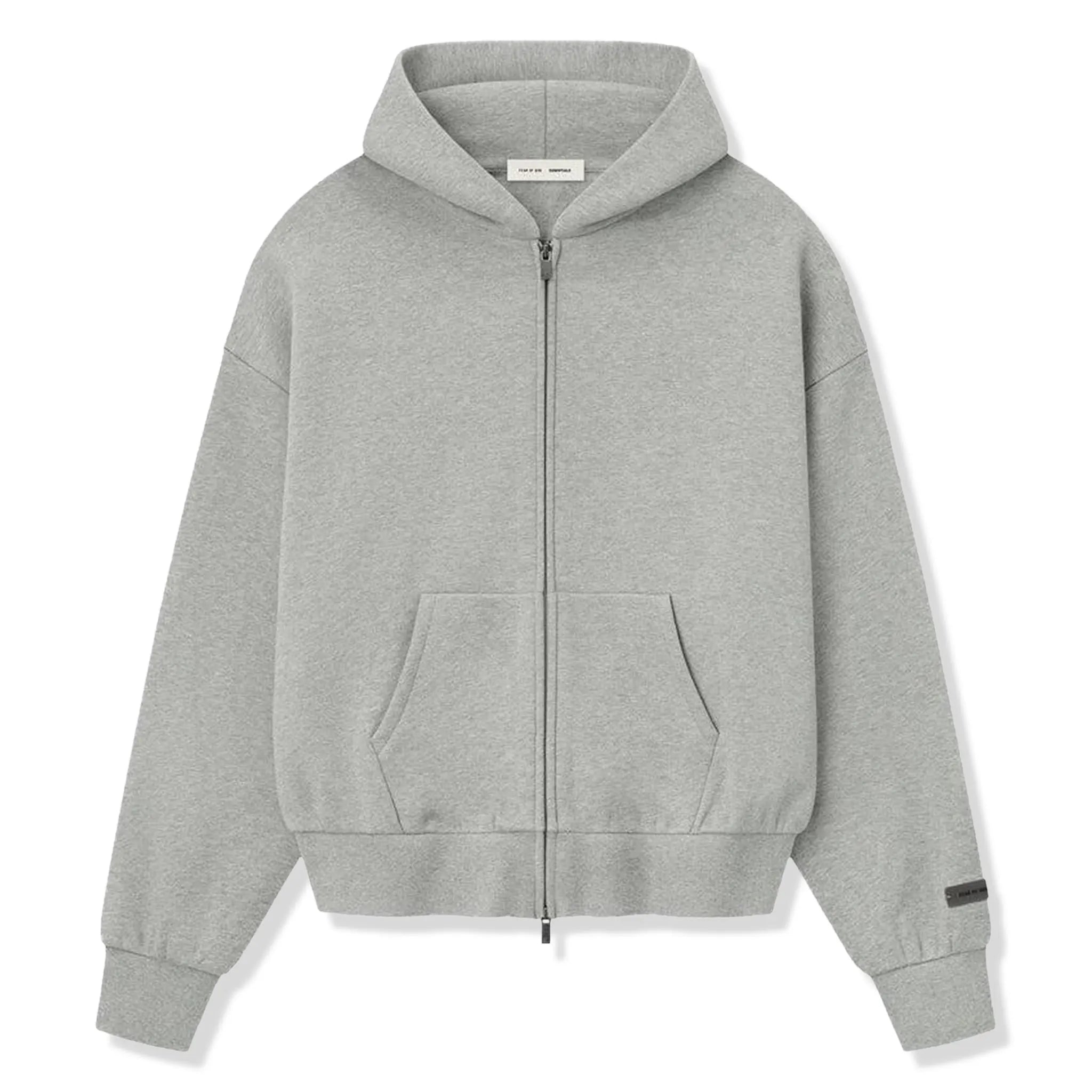 Front View of Fear Of God Essentials Classic Fleece Concrete Heather Zip-Up Hoodie (FW25)