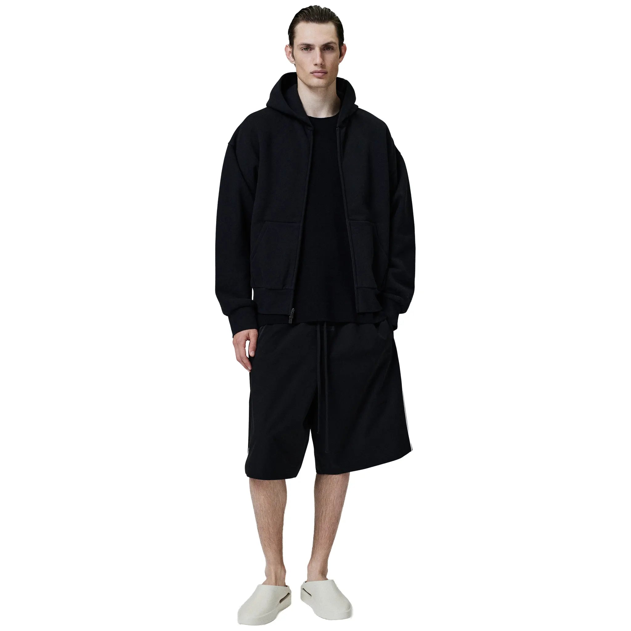 Front View of Fear Of God Essentials Classic Fleece Jet Black Metalic Zip-Up Hoodie (SS25) 192SP254780F