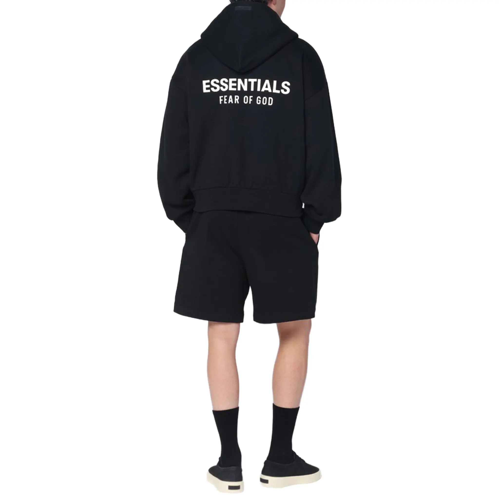 Model Back View of Fear Of God Essentials Classic Hood Black Zip-Up Hoodie (SS25) 192AS254780F