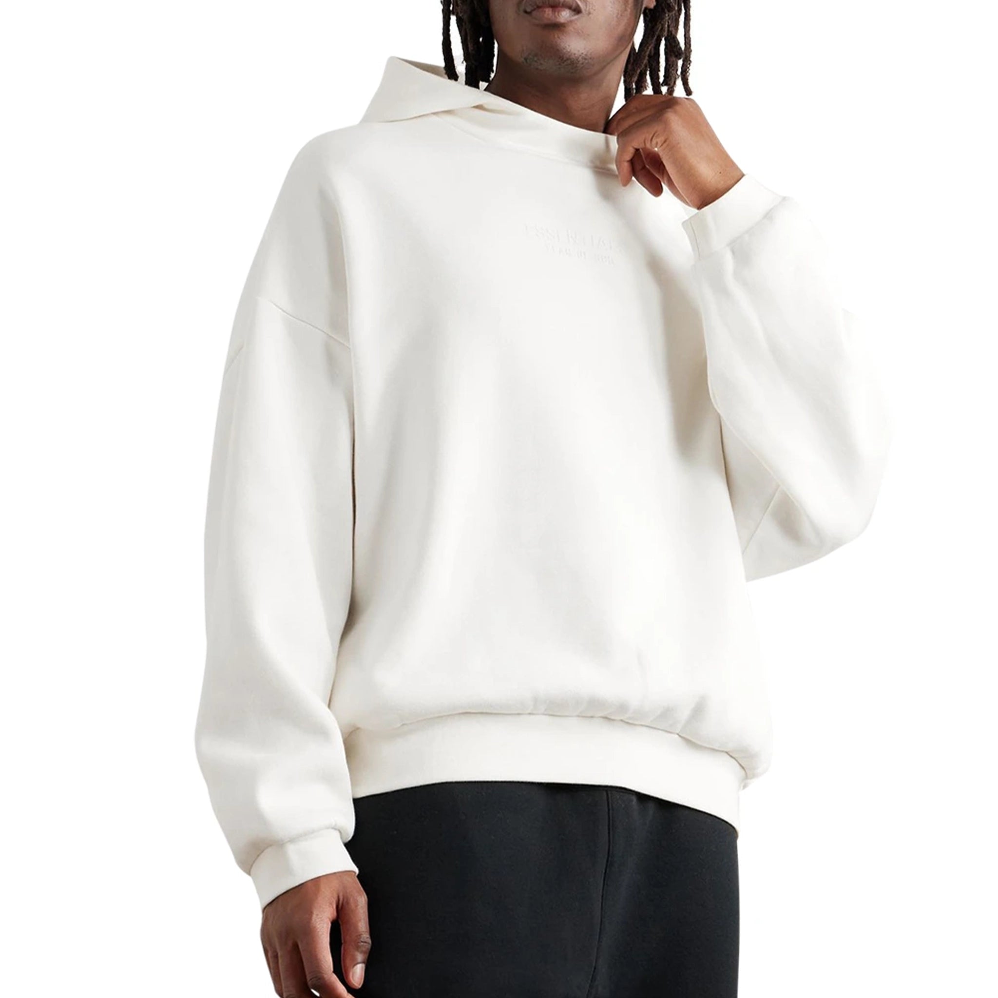 Model front view of Fear Of God Essentials Cloud Dancer Hoodie