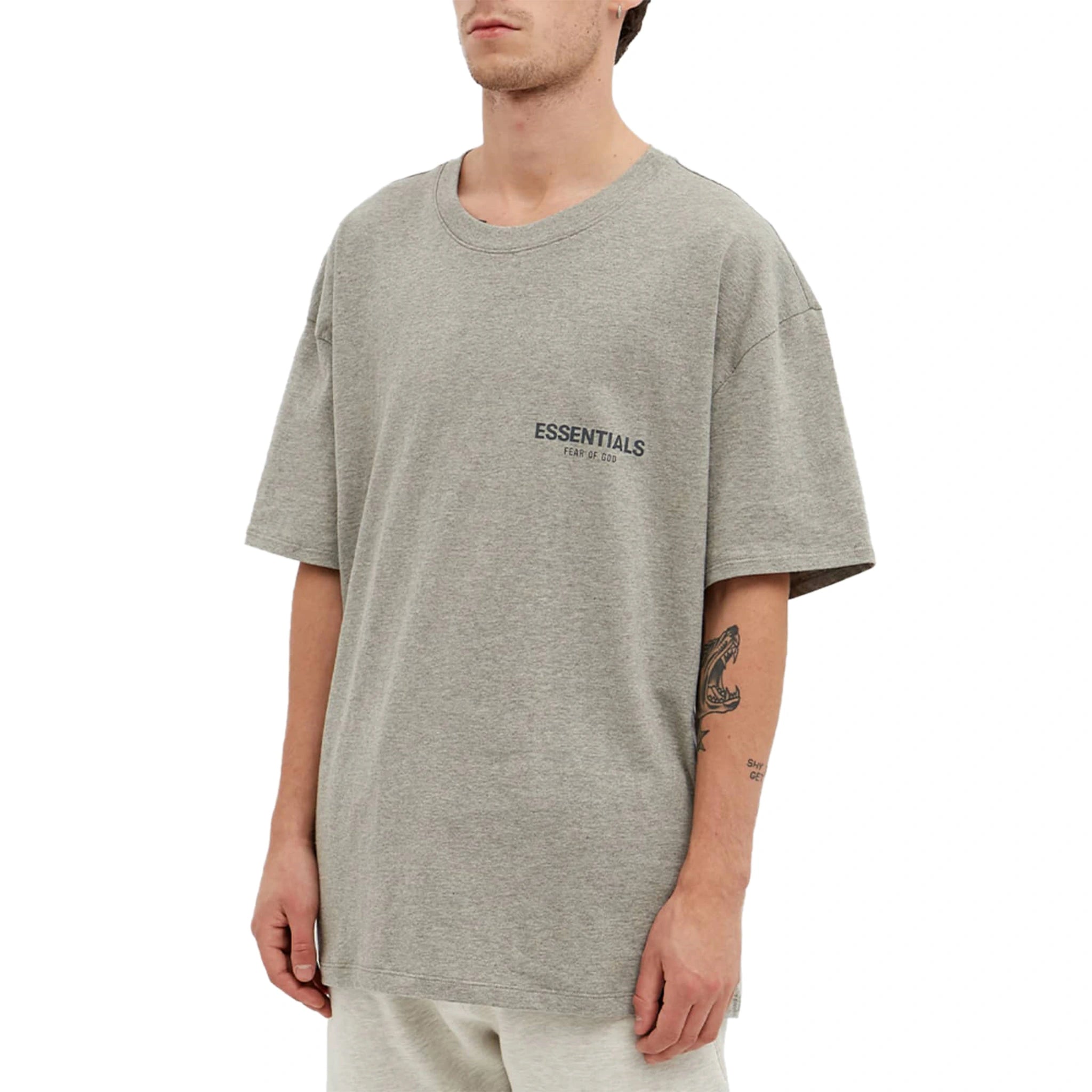 Model front view of Fear Of God Essentials Core Collection Dark Heather Oatmeal T-Shirt