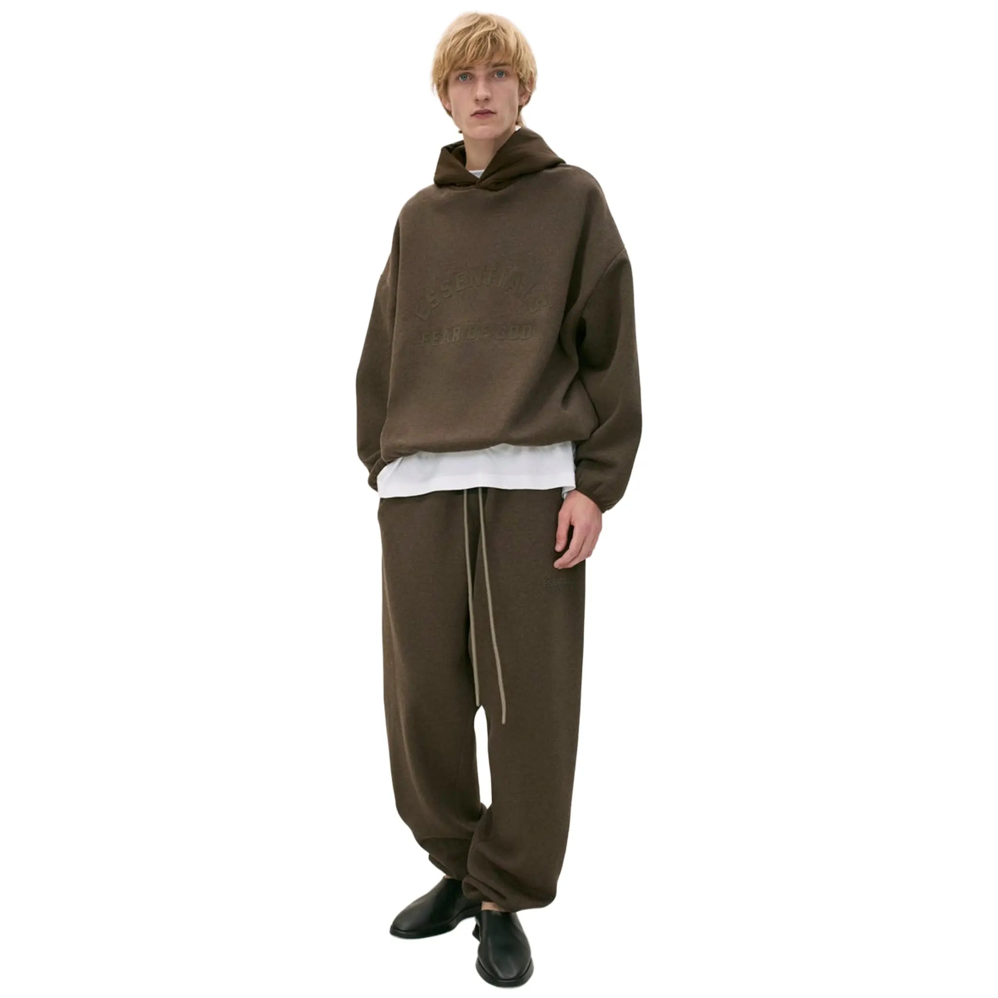 Model View of Fear Of God Essentials Core Collection Heather Wood Sweatpants (SS24) 130SU242022F