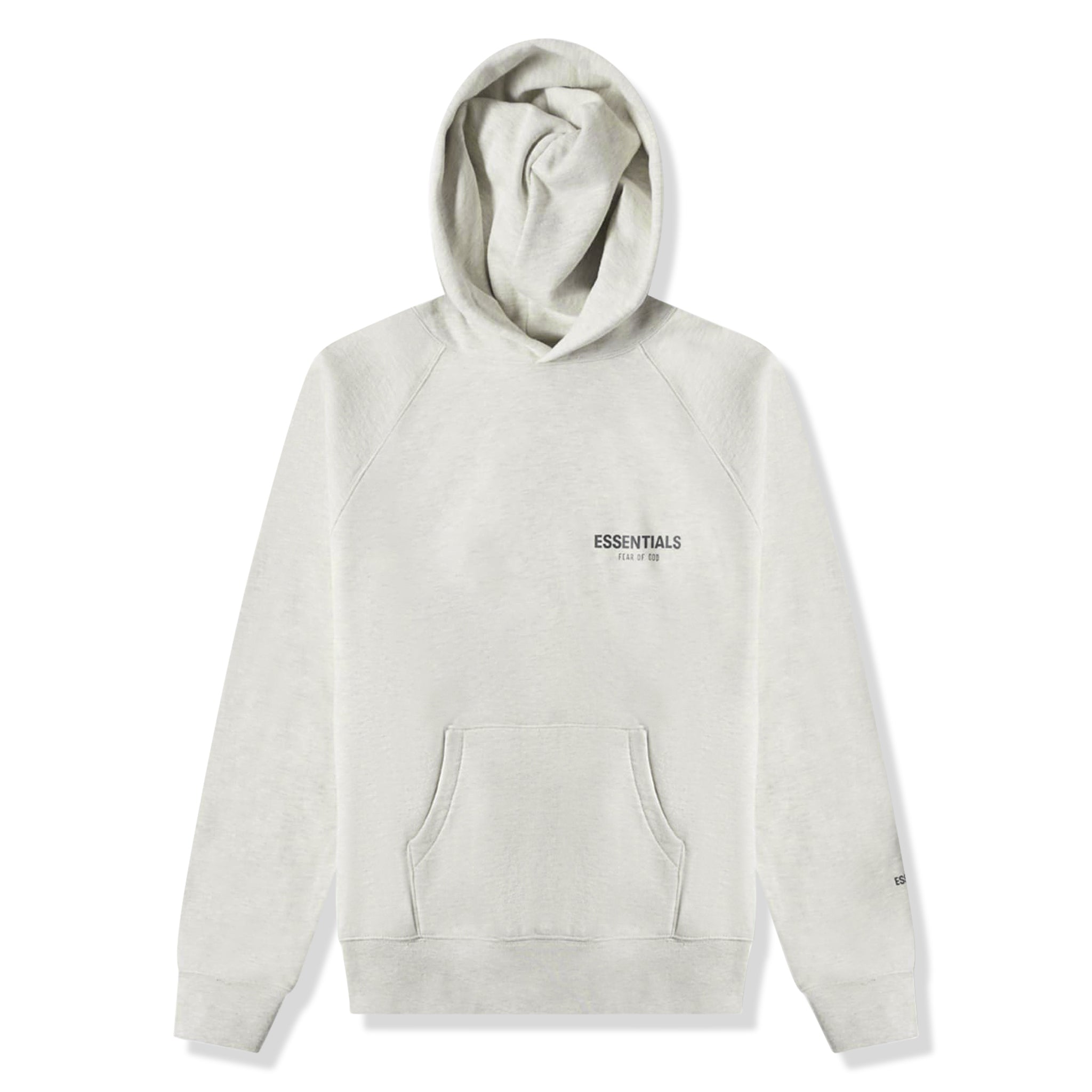 Front view of Fear Of God Essentials Core Collection Light Heather Oatmeal Hoodie