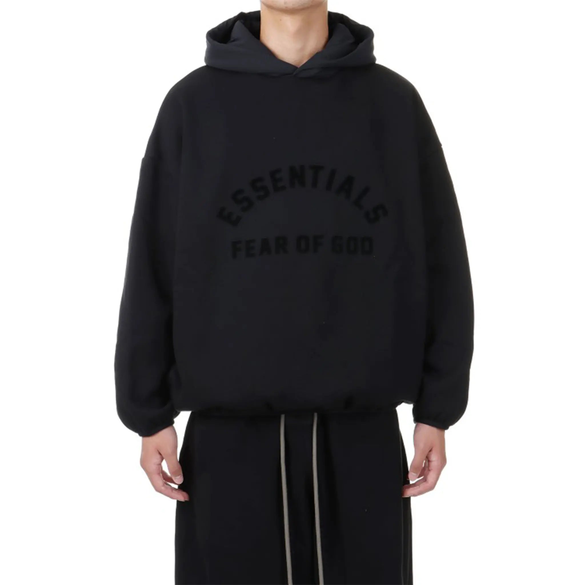 Model Front View of Fear Of God Essentials Core Collection Nylon Fleece Black Hoodie (SS24) 202SU244310F