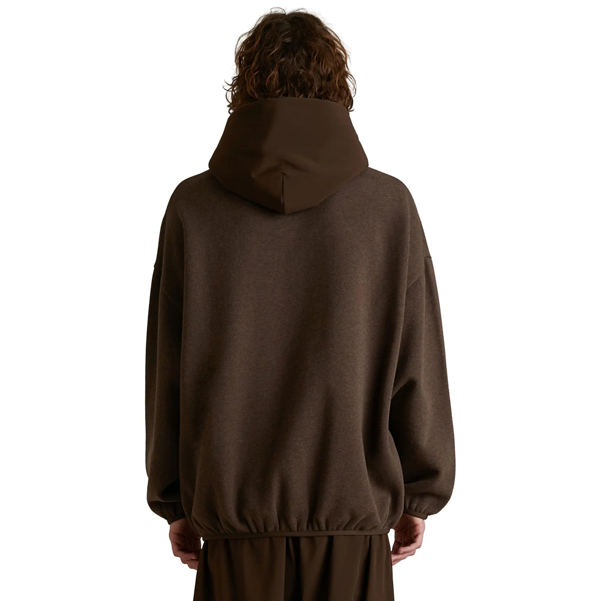 Model Back View of Fear Of God Essentials Core Collection Nylon Fleece Heather Wood Hoodie 192SU242052F
