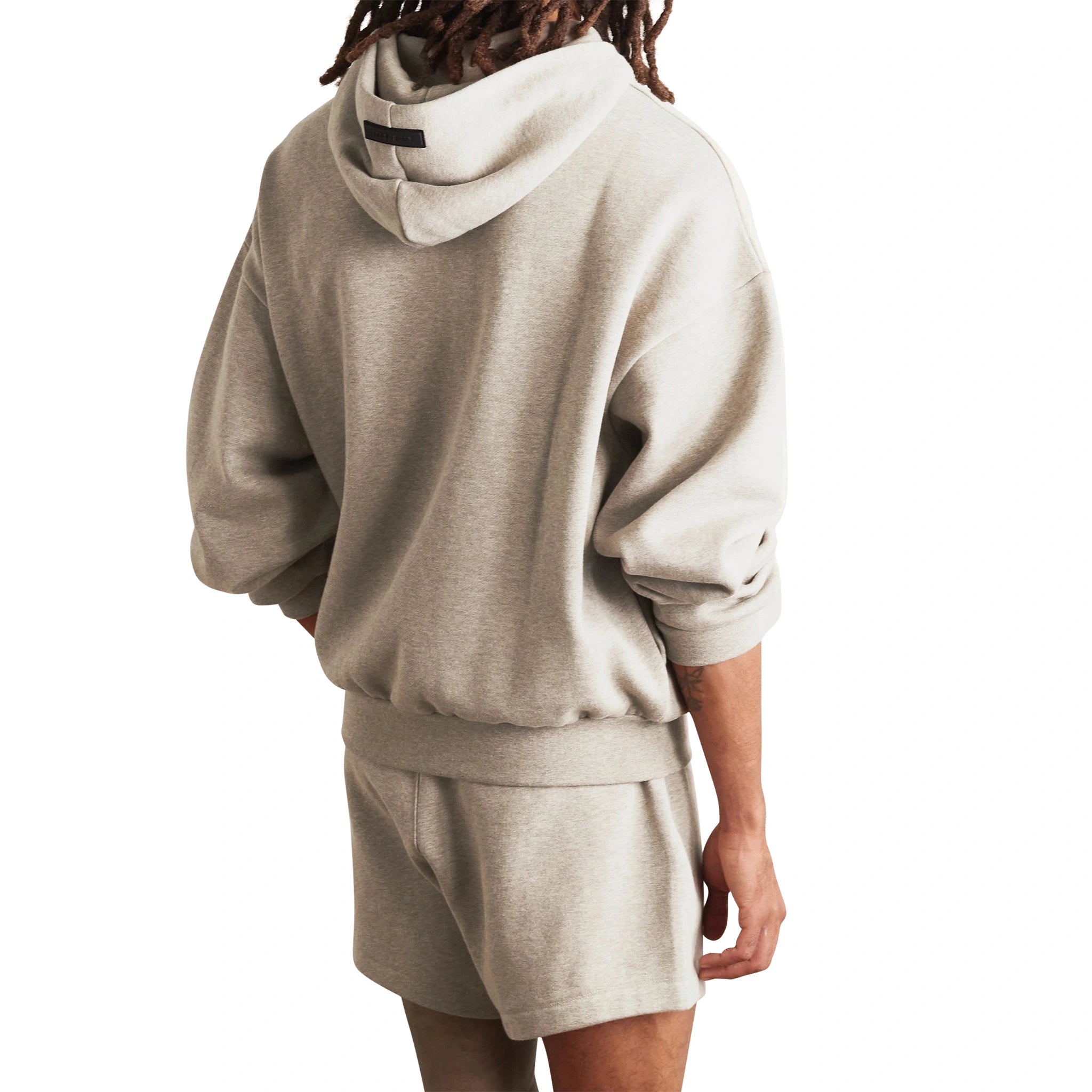 Model back view of Fear Of God Essentials Core Heather Hoodie (FW23)