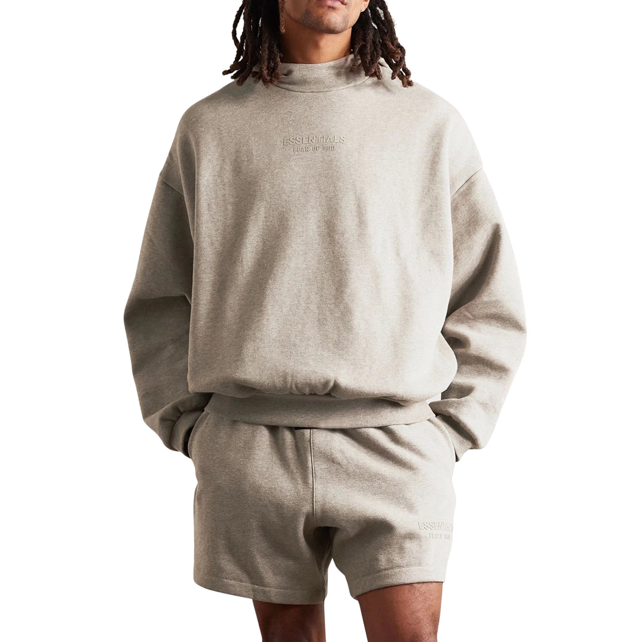 Model front view of Fear Of God Essentials Core Heather Hoodie (FW23)