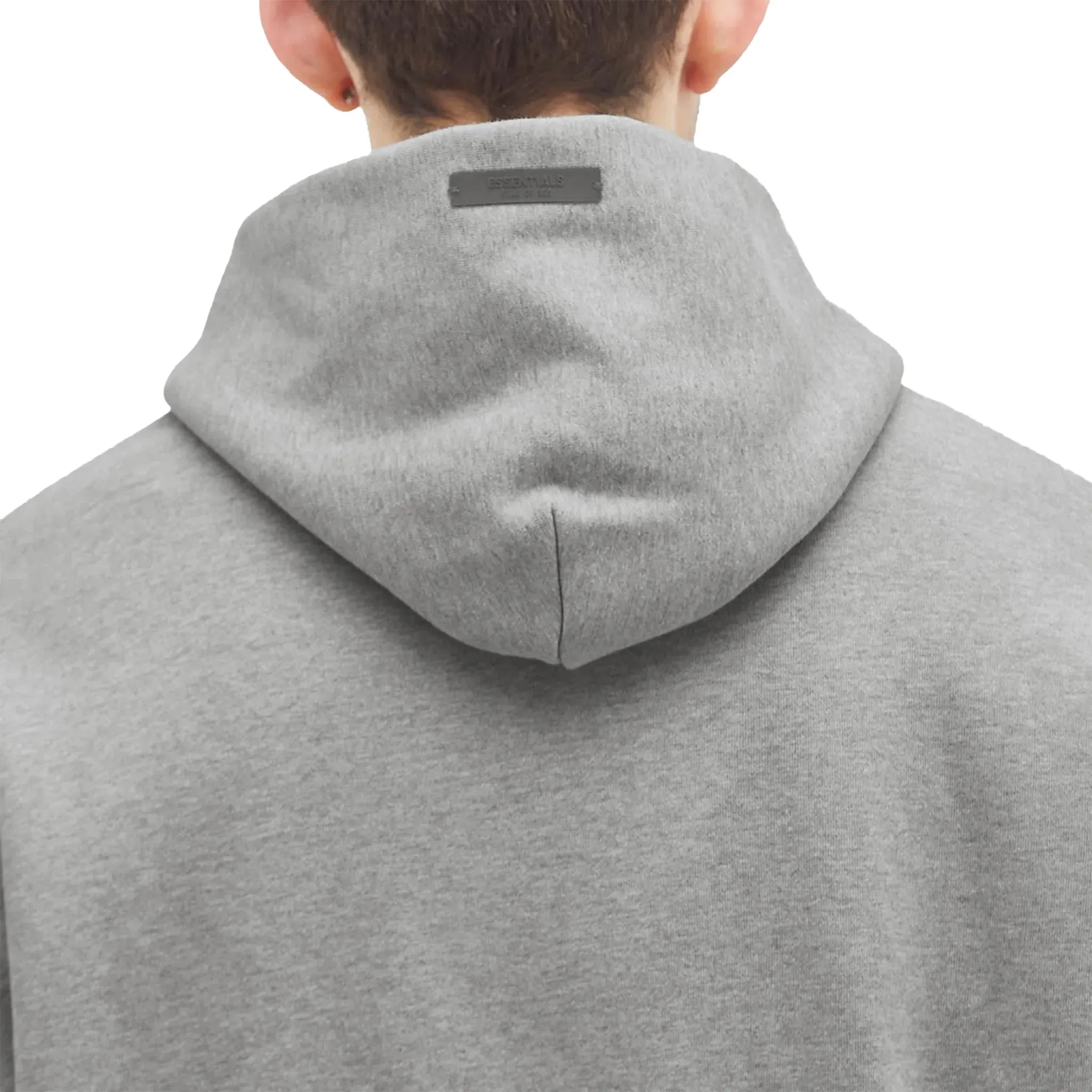 Detailed Back View of Fear Of God Essentials Dark Heather Grey State Hoodie 192BT246251F