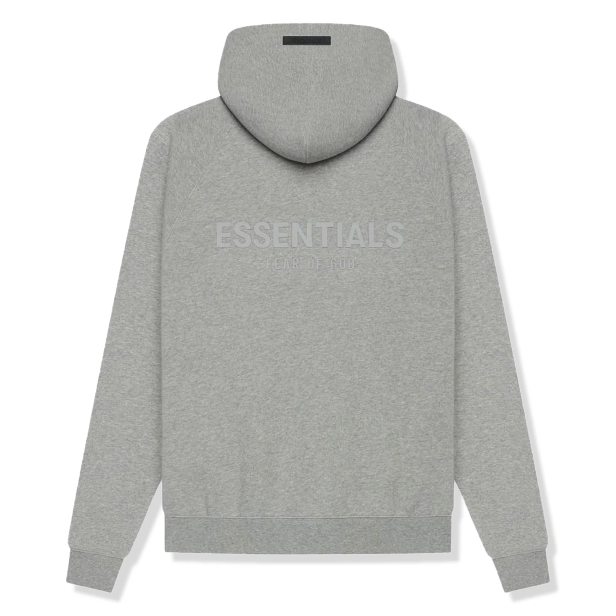 Back view of Fear Of God Essentials Dark Heather Oatmeal Hoodie (SS21)