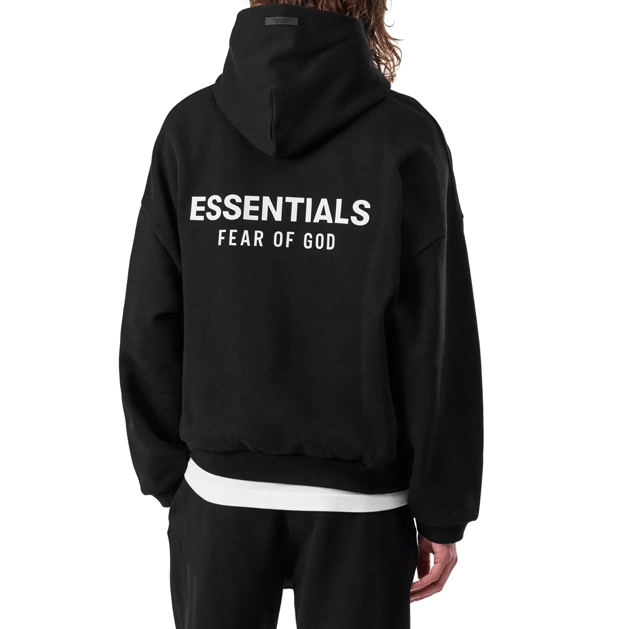 Model Back View of Fear Of God Essentials Fleece Black Hoodie (FW24) 192BT246250F