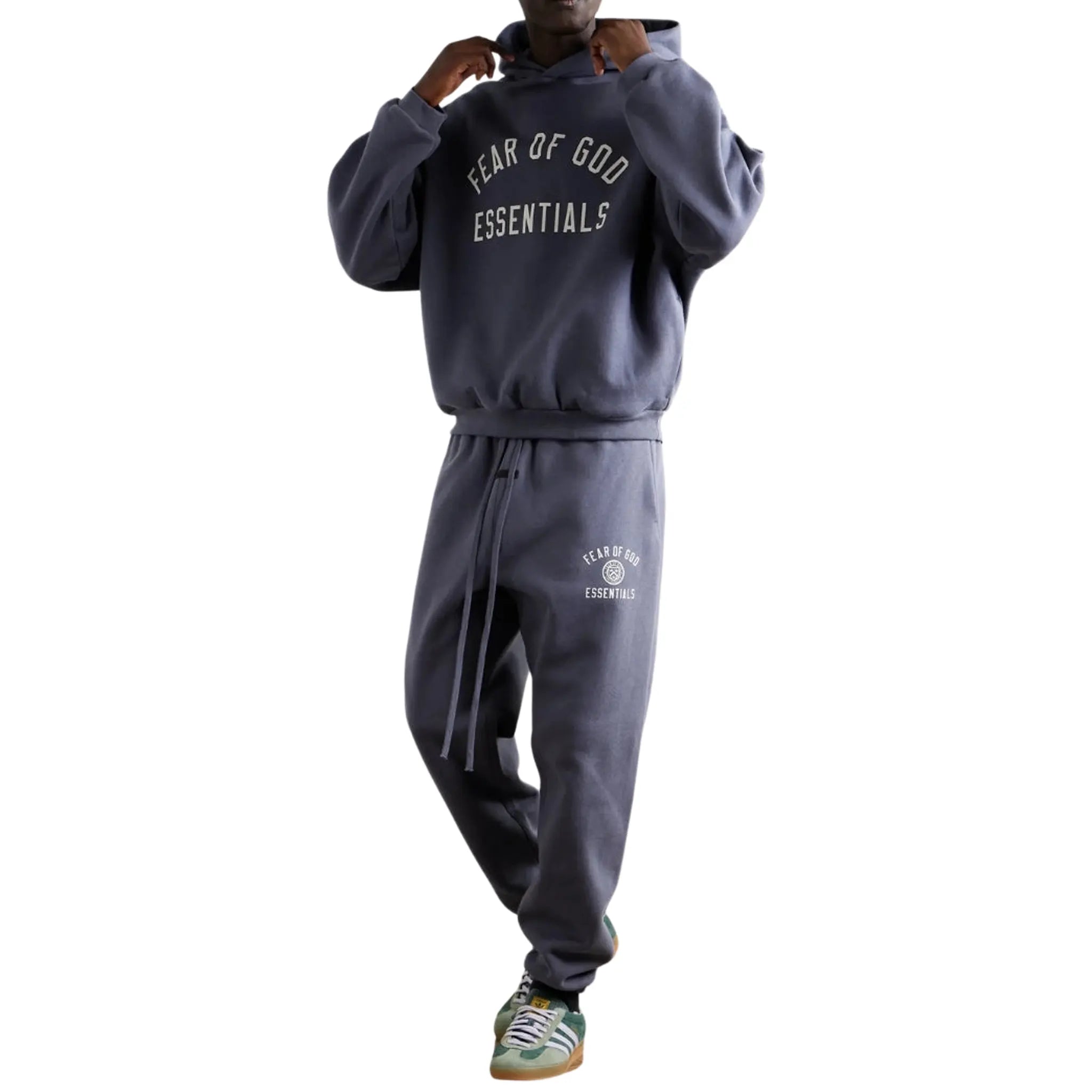 Model Front View of Fear Of God Essentials Fleece Marine Hoodie (FW24) 192HO246254F