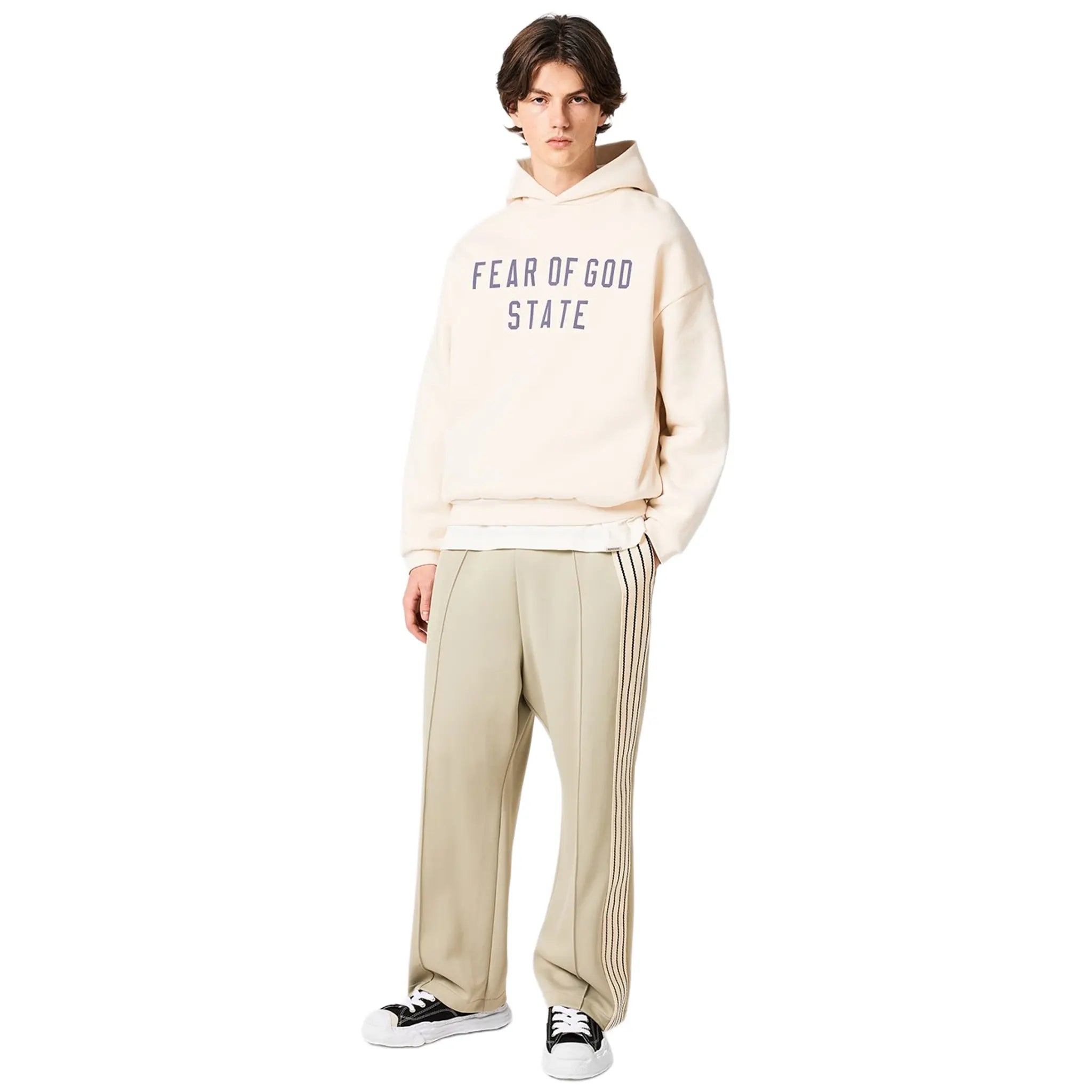 Model View of Fear Of God Essentials Fleece Shell White Hoodie (FW24) 192BT246252F