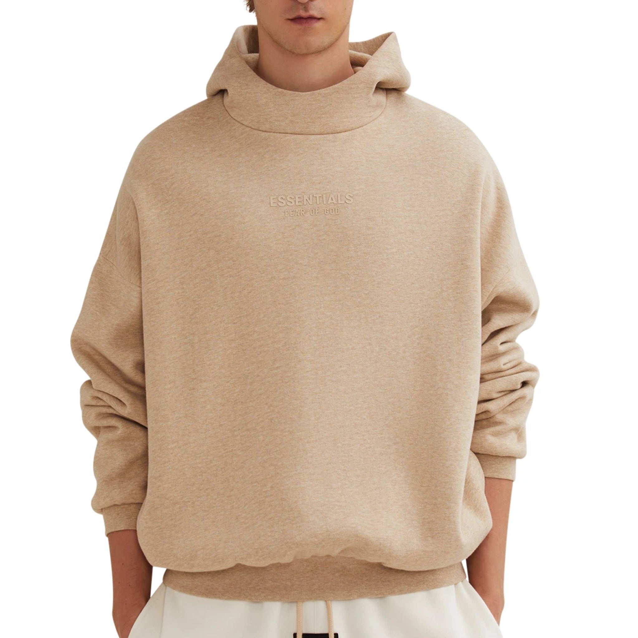 Model front view of Fear Of God Essentials Gold Heather Hoodie (FW23)