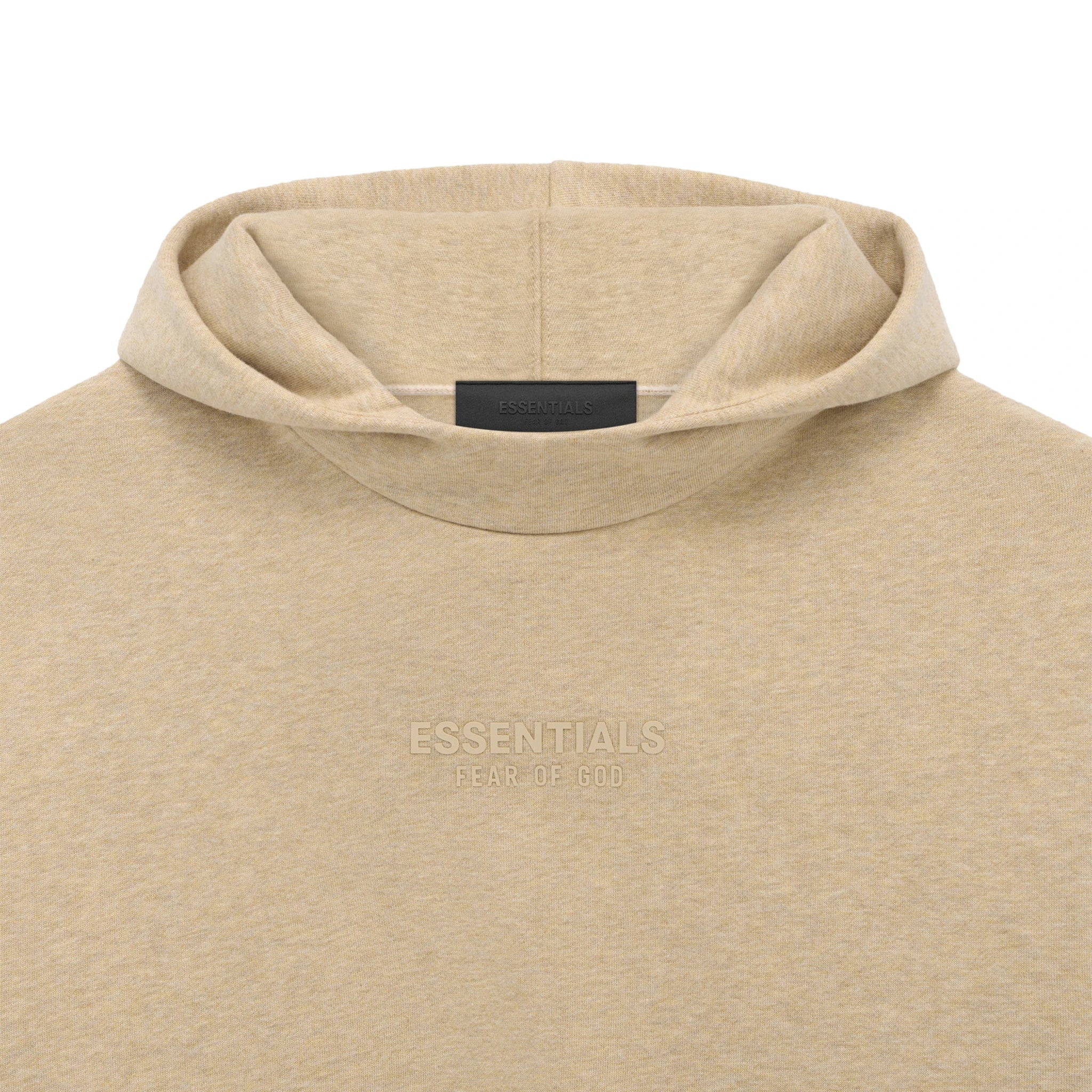 Neck view of Fear Of God Essentials Gold Heather Hoodie (FW23)