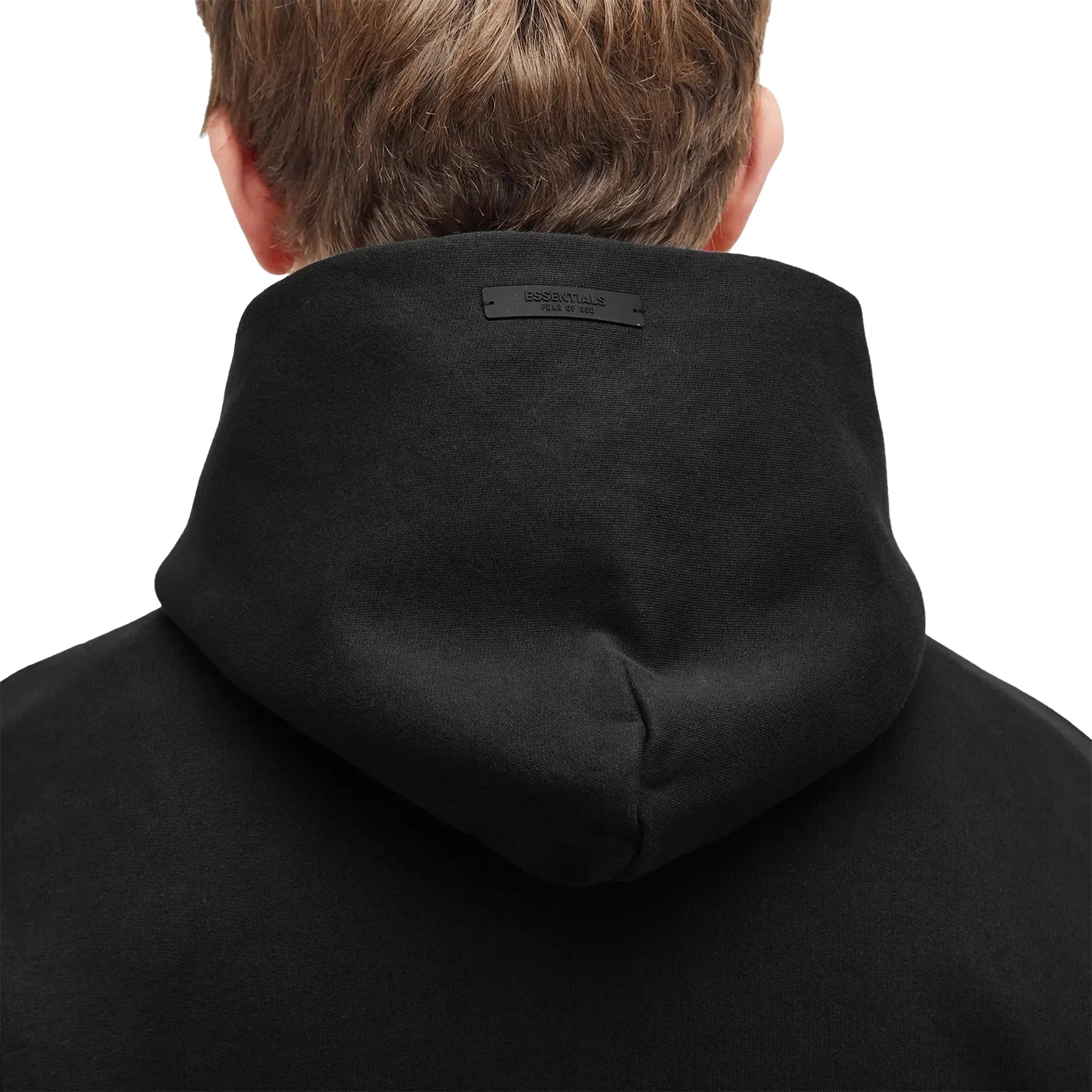 Detailed Back View of Fear Of God Essentials Heavy Fleece Vintage Shrunken Black Hoodie (FW24) 192HO246210F