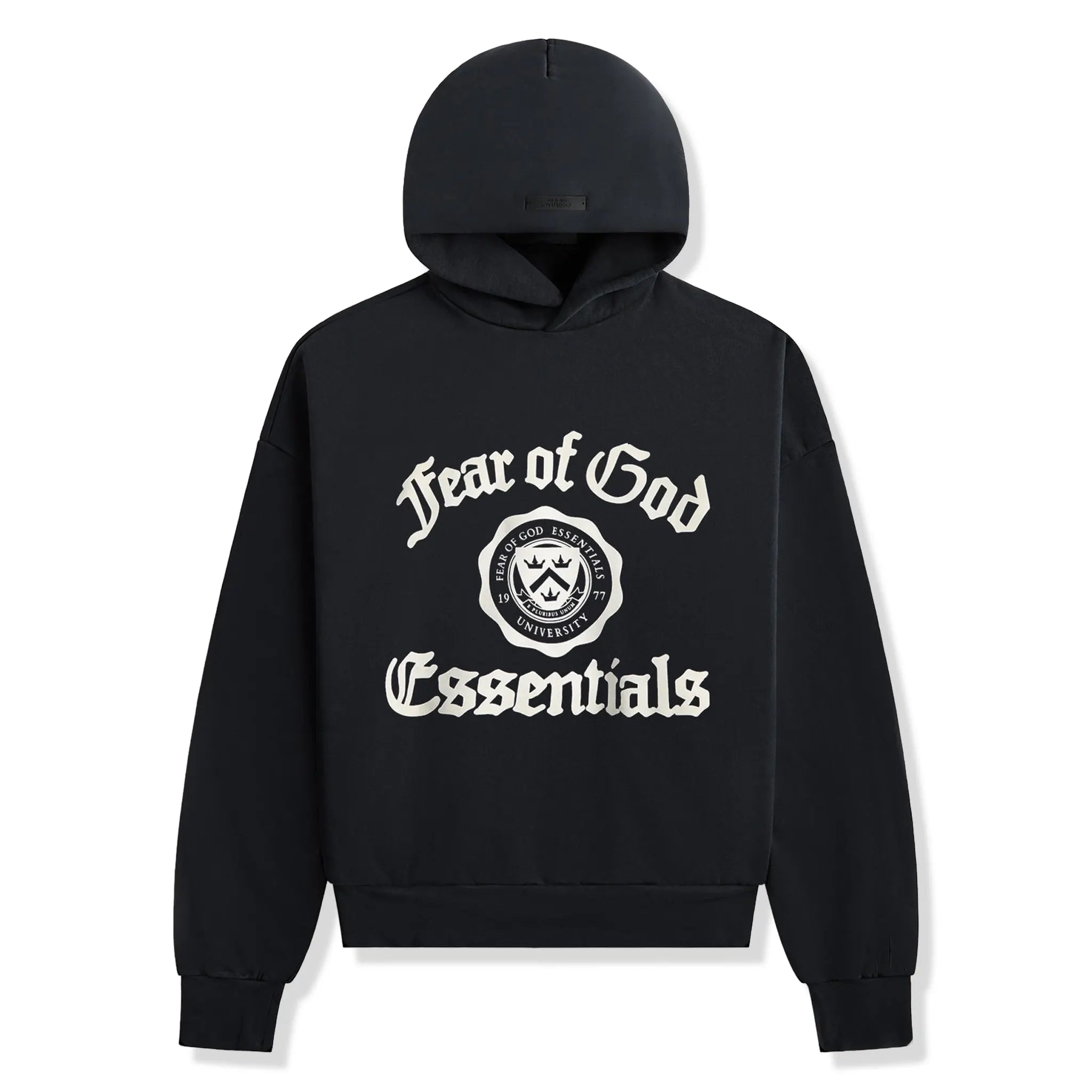 Front View of Fear Of God Essentials Heavy Fleece Vintage Shrunken Black Hoodie (FW24) 192HO246210F