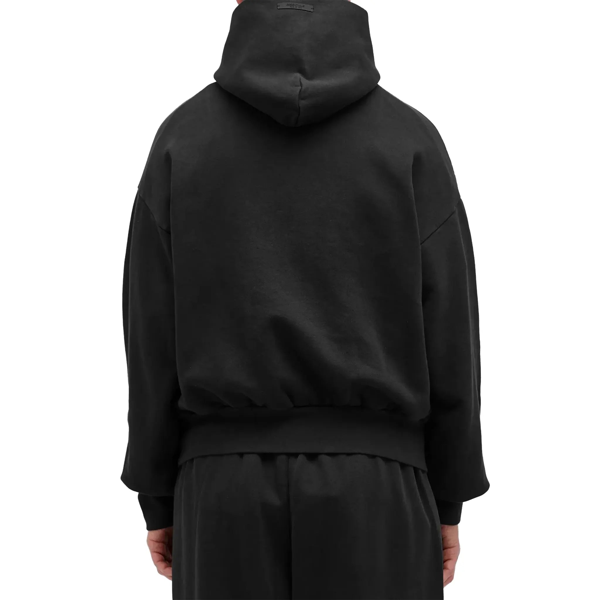 Back View of Fear Of God Essentials Heavy Fleece Vintage Shrunken Black Hoodie (FW24) 192HO246210F