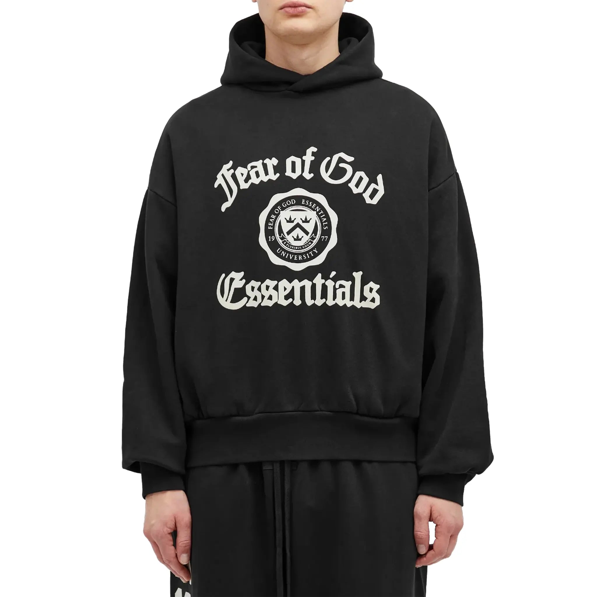 Front View of Fear Of God Essentials Heavy Fleece Vintage Shrunken Black Hoodie (FW24) 192HO246210F